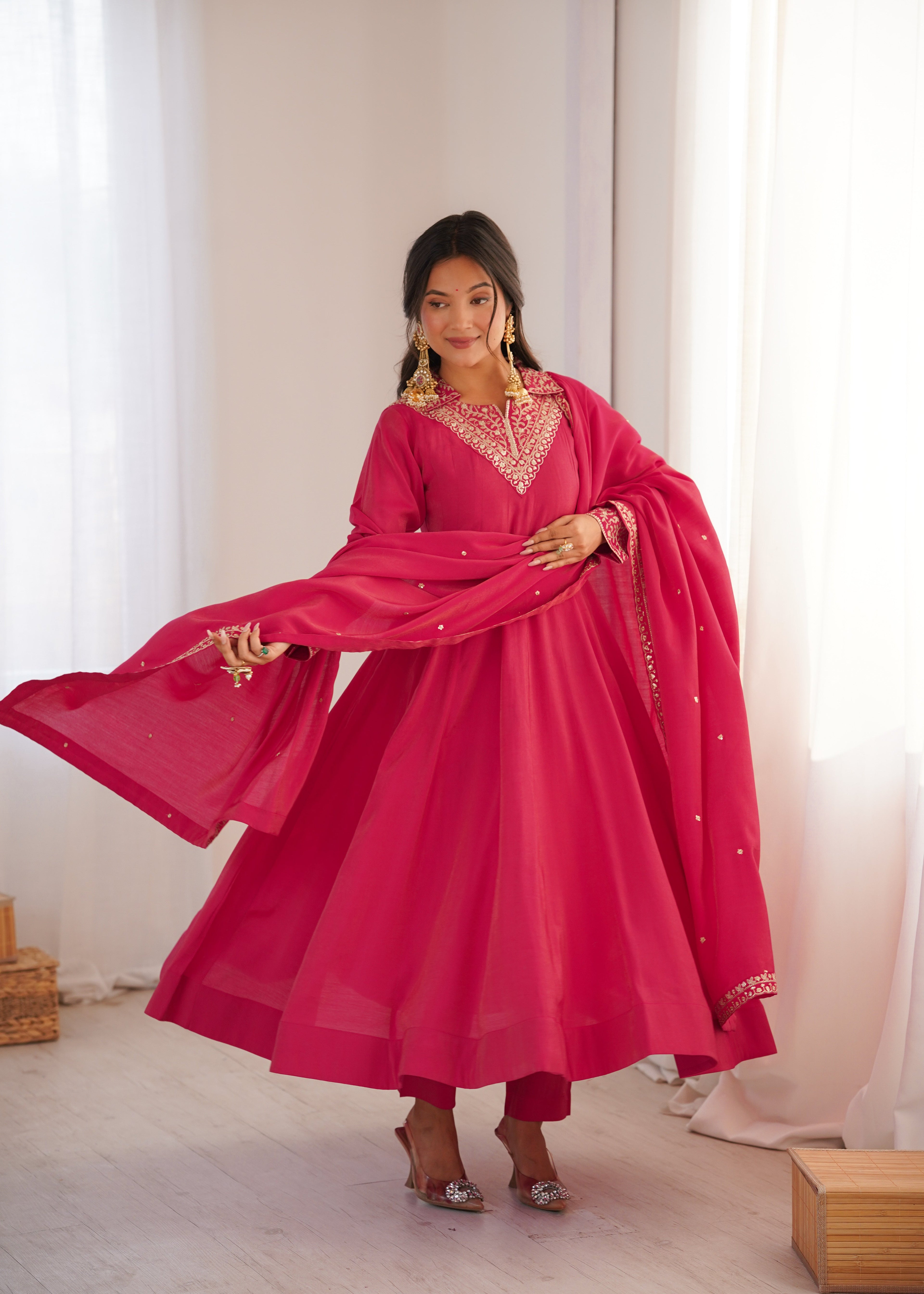 Eloriya Luxury Heavy Roman Shimmer Silk Designer Anarkali Suit Set - S [36] | Eloriya India