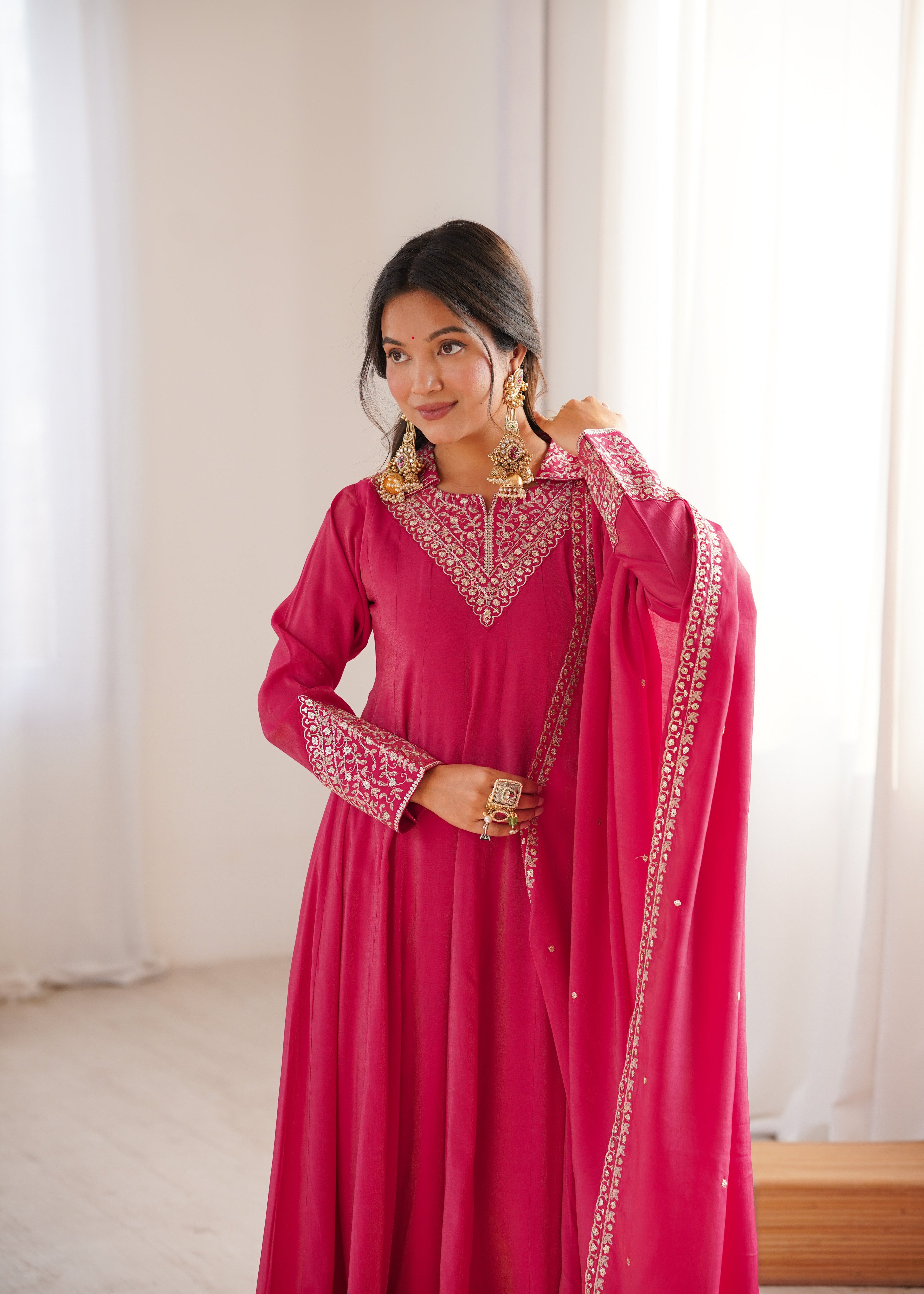 Eloriya Luxury Heavy Roman Shimmer Silk Designer Anarkali Suit Set - XL [42] | Eloriya India