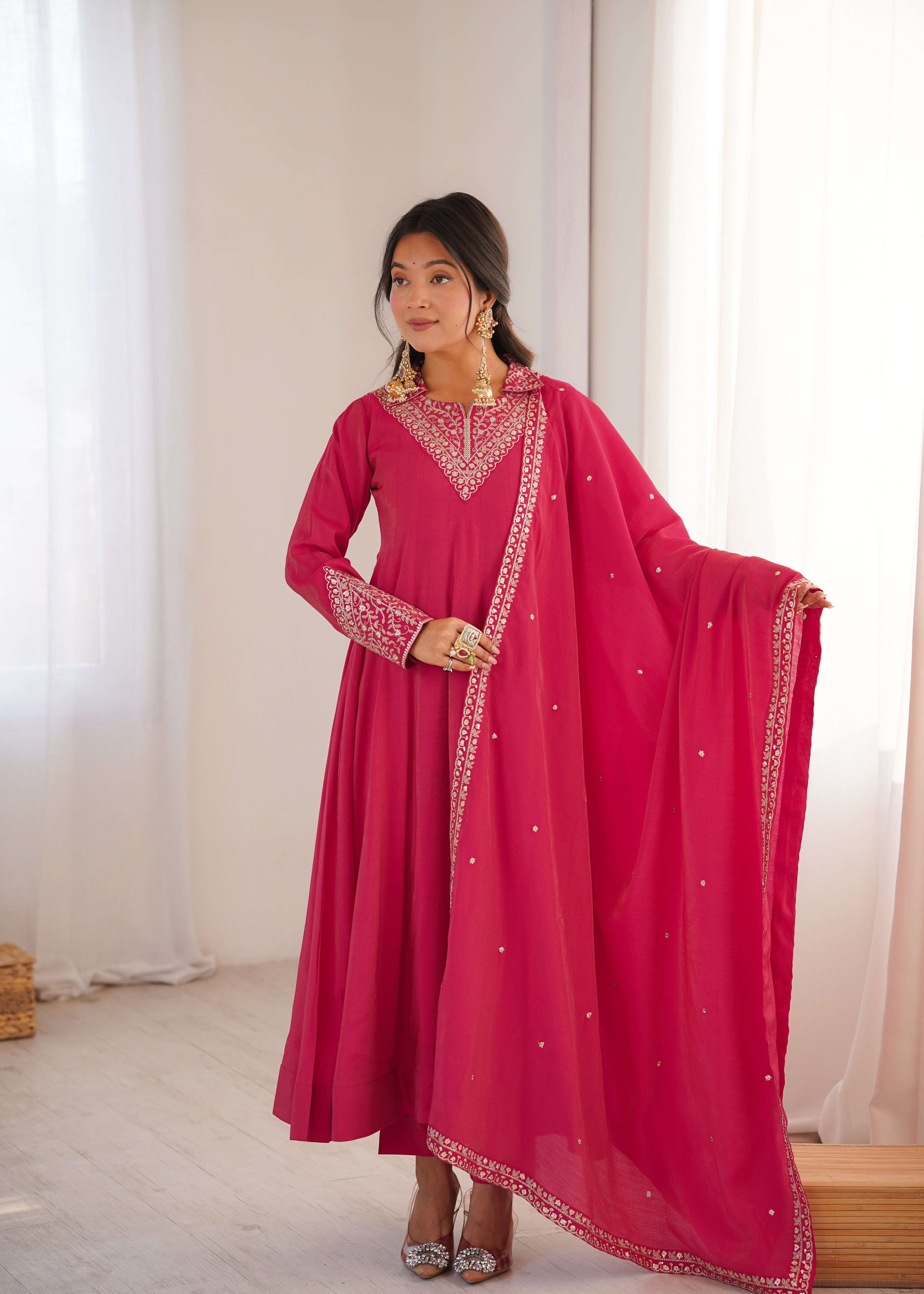 Eloriya Luxury Heavy Roman Shimmer Silk Designer Anarkali Suit Set - XS [34] | Eloriya India