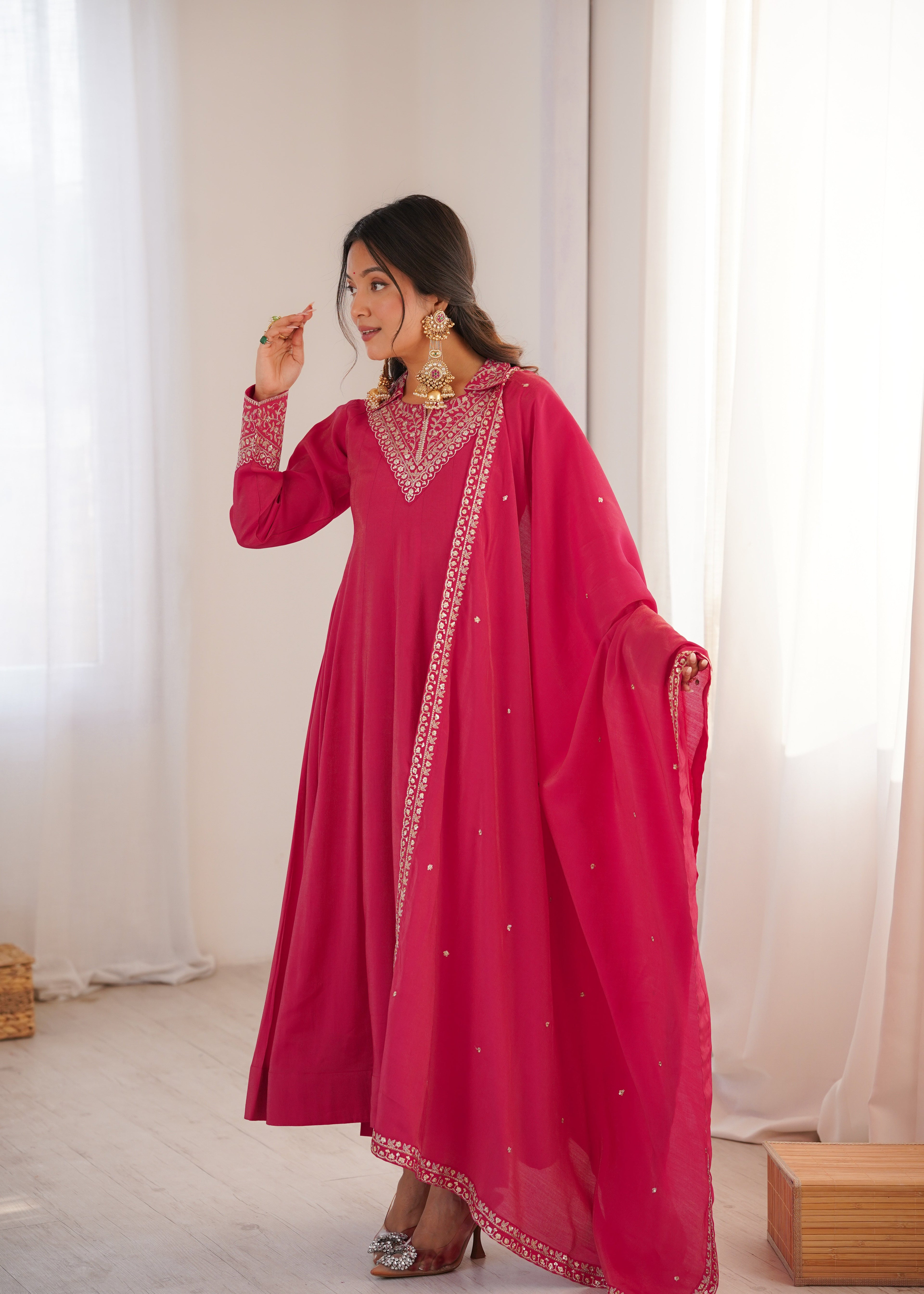 Eloriya Luxury Heavy Roman Shimmer Silk Designer Anarkali Suit Set - M [38] | Eloriya India