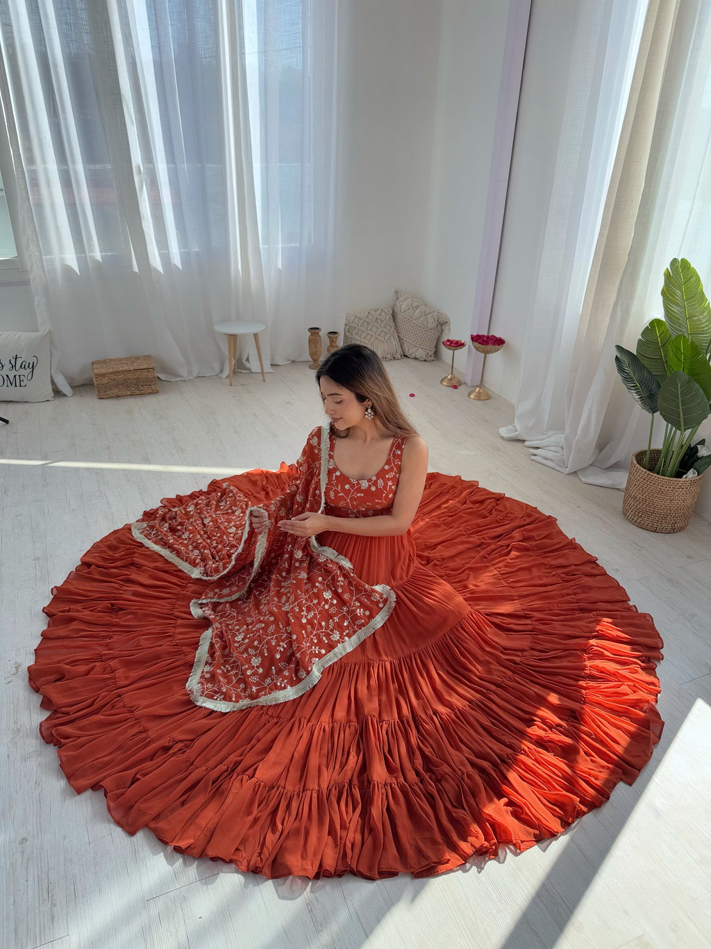 Eloriya Premium Quality 5 Layers Orange Anarkali Suit Set - XS [34] | Eloriya India
