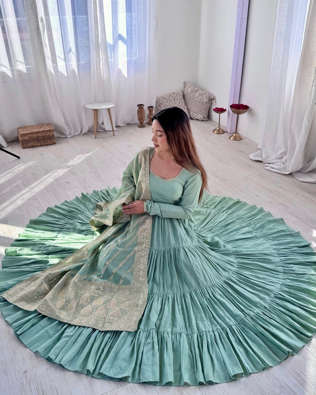Eloriya Premium Quality Roman Silk Pista Anarkali Suit Set - XS [34] | Eloriya India