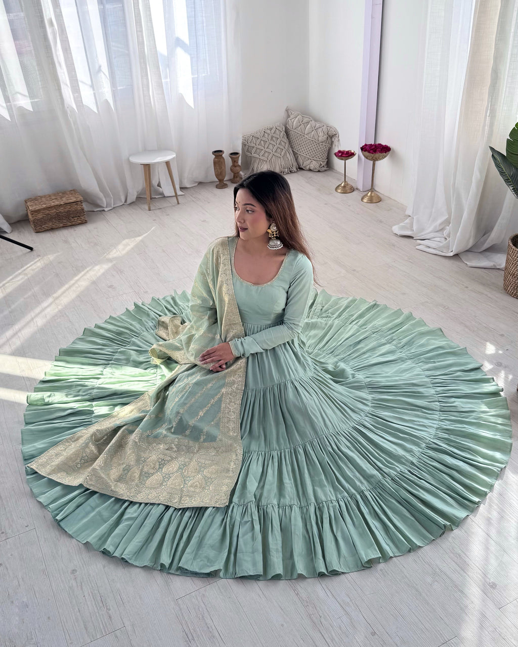 Eloriya Premium Quality Roman Silk Pista Anarkali Suit Set - S [36] | Eloriya India