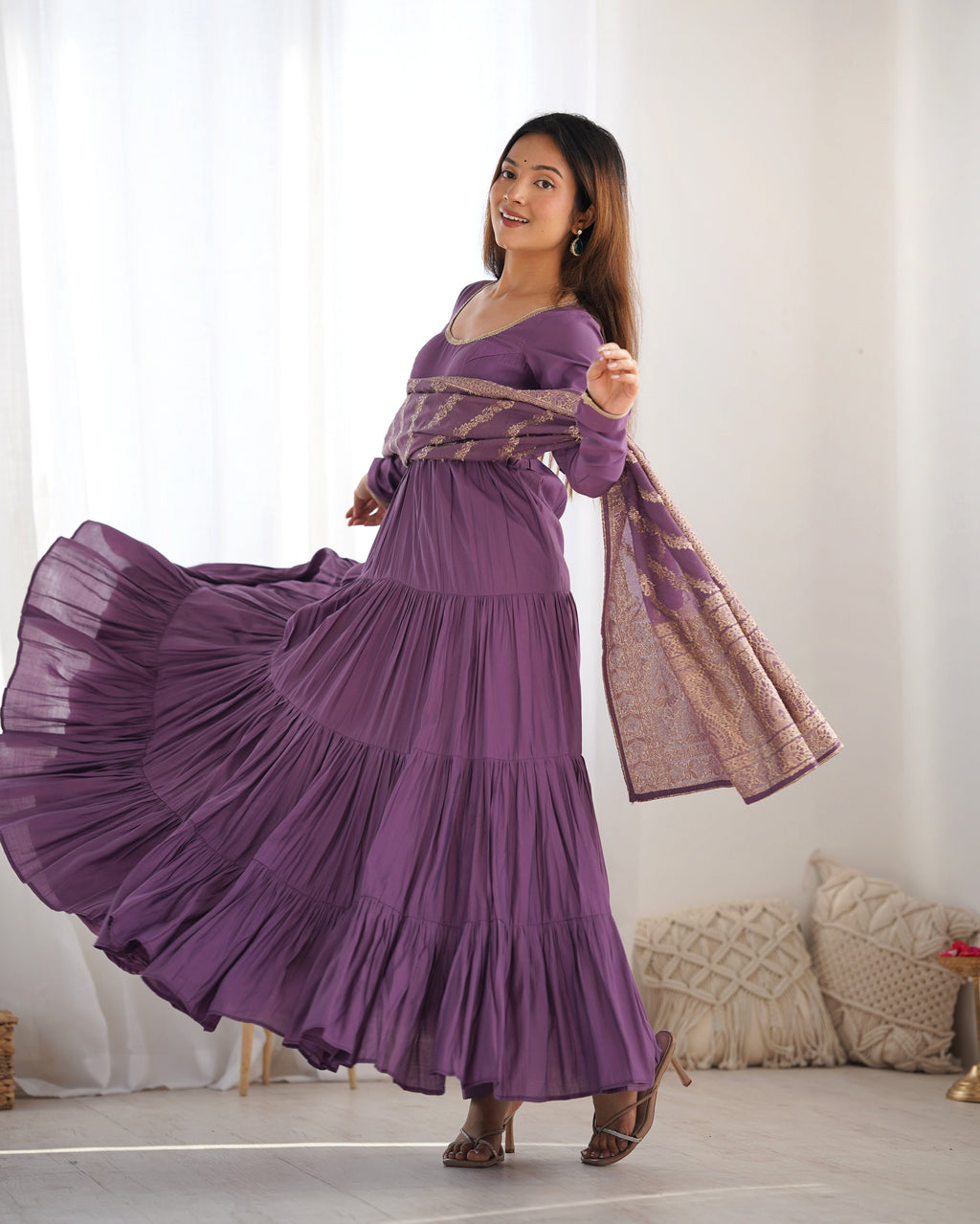 Eloriya Premium Quality Roman Silk Dusty Anarkali Suit Set - L [40] | Eloriya India