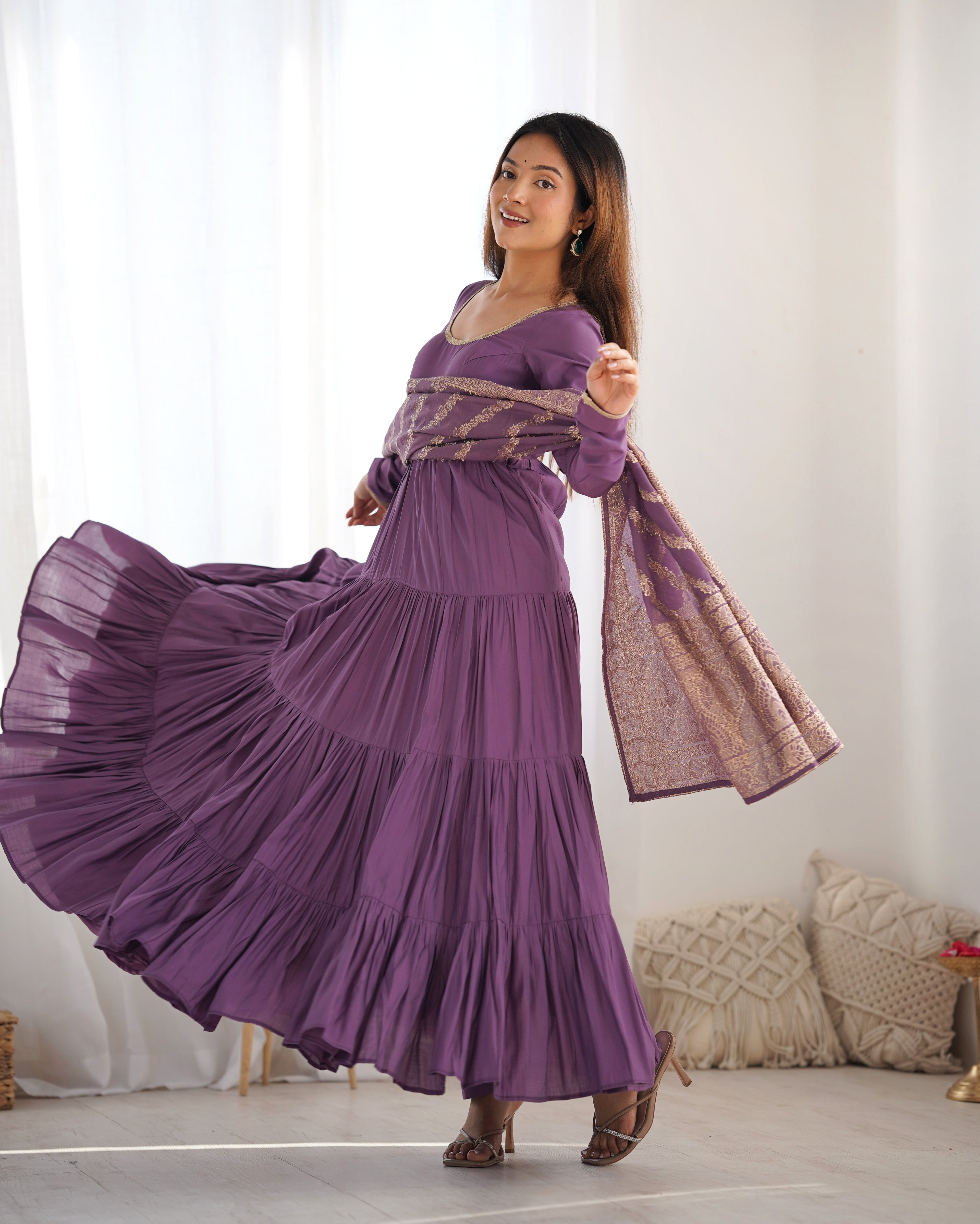 Eloriya Premium Quality Roman Silk Dusty Anarkali Suit Set - L [40] | Eloriya India