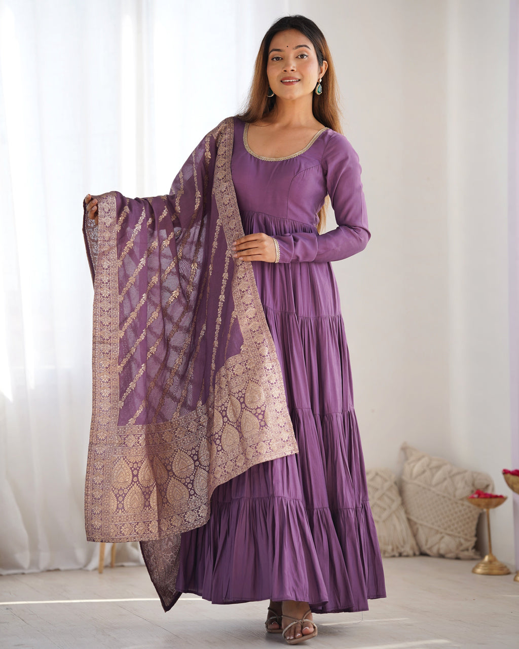 Eloriya Premium Quality Roman Silk Dusty Anarkali Suit Set - 2XL [44] | Eloriya India