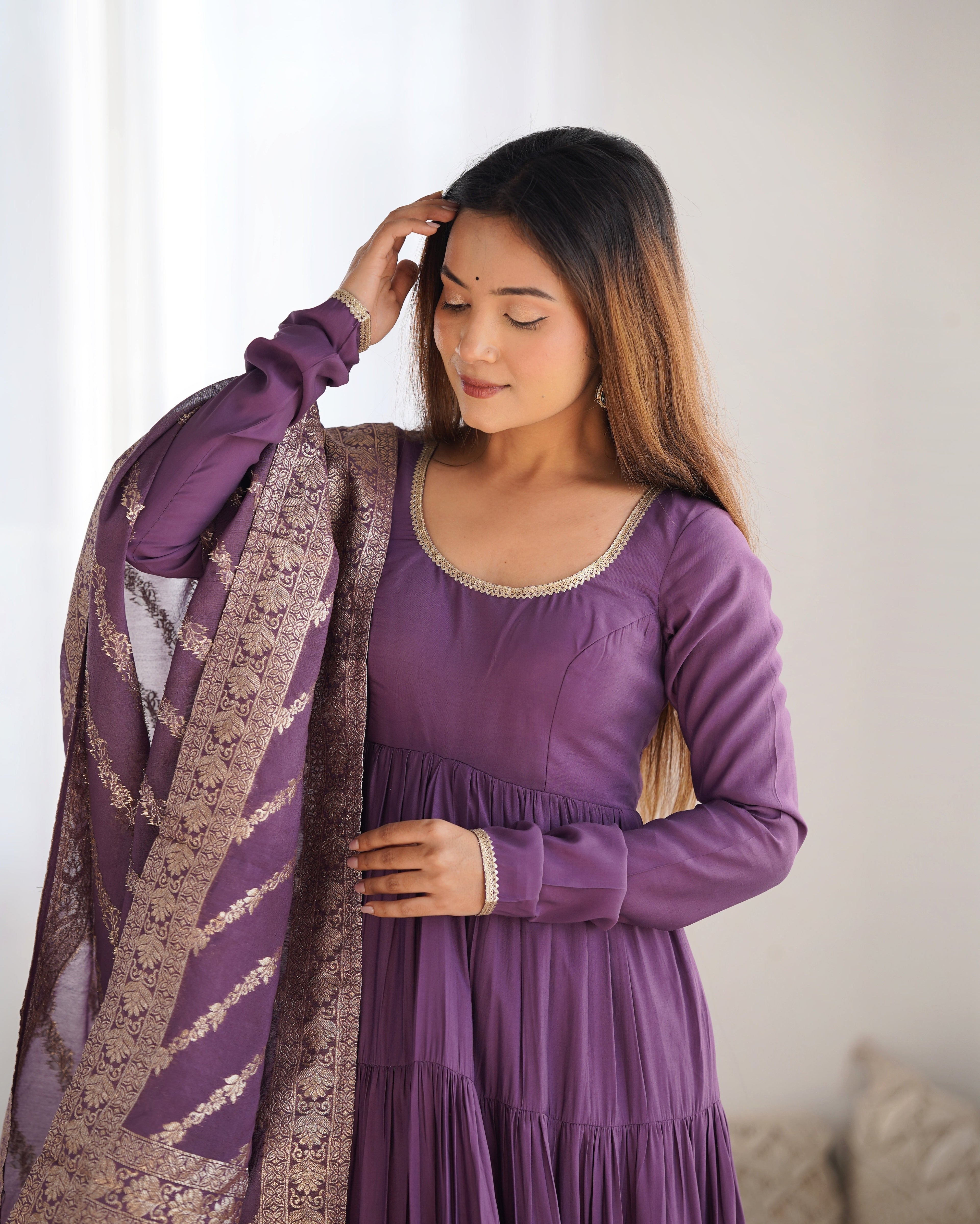 Eloriya Premium Quality Roman Silk Dusty Anarkali Suit Set | Eloriya India