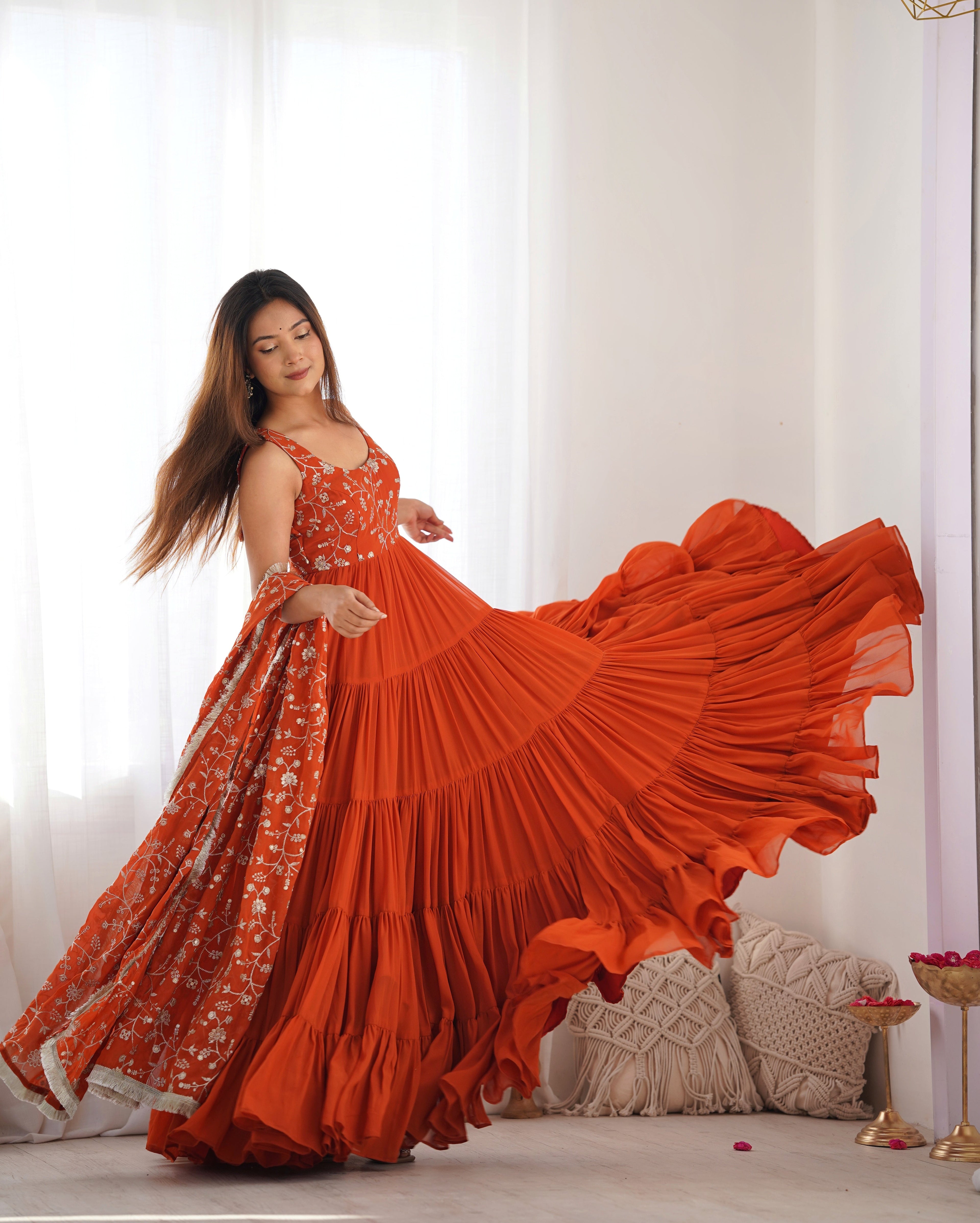 Eloriya Premium Quality 5 Layers Orange Anarkali Suit Set - M [38] | Eloriya India