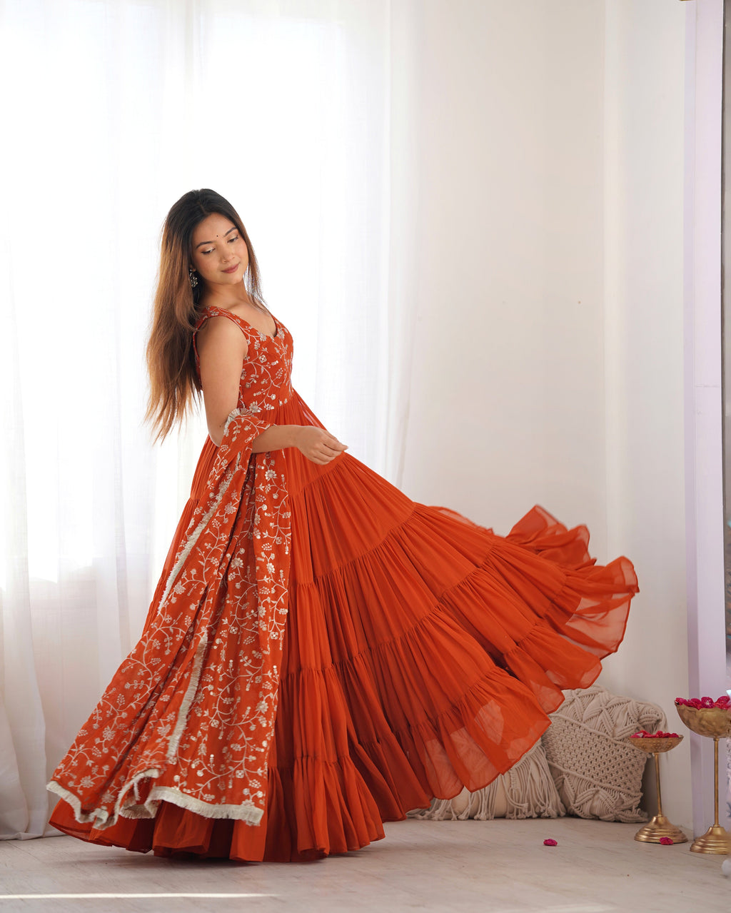 Eloriya Premium Quality 5 Layers Orange Anarkali Suit Set - XL [42] | Eloriya India