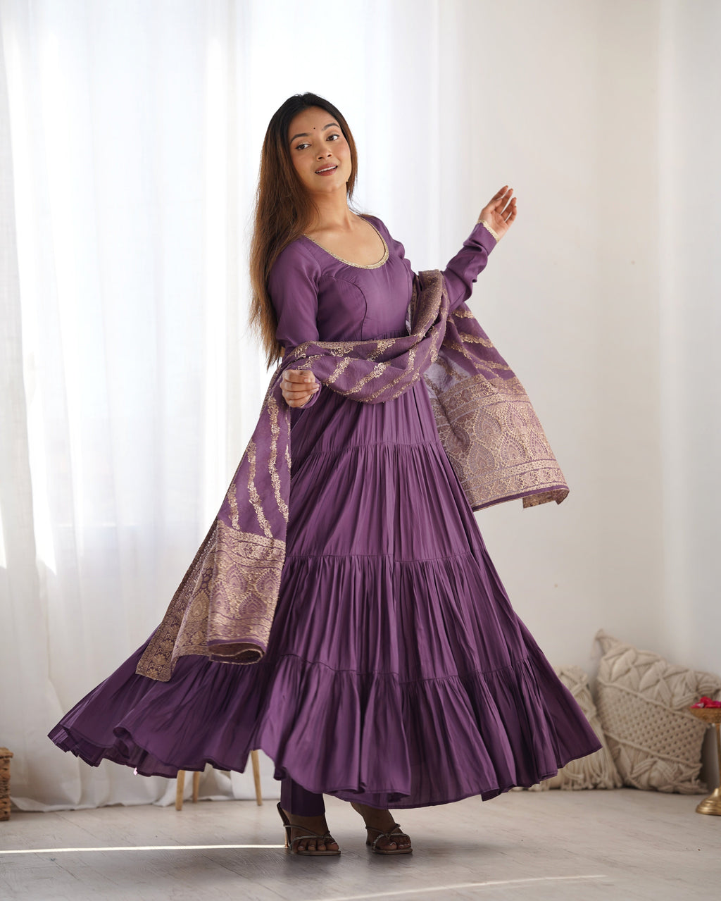 Eloriya Premium Quality Roman Silk Dusty Anarkali Suit Set - S [36] | Eloriya India