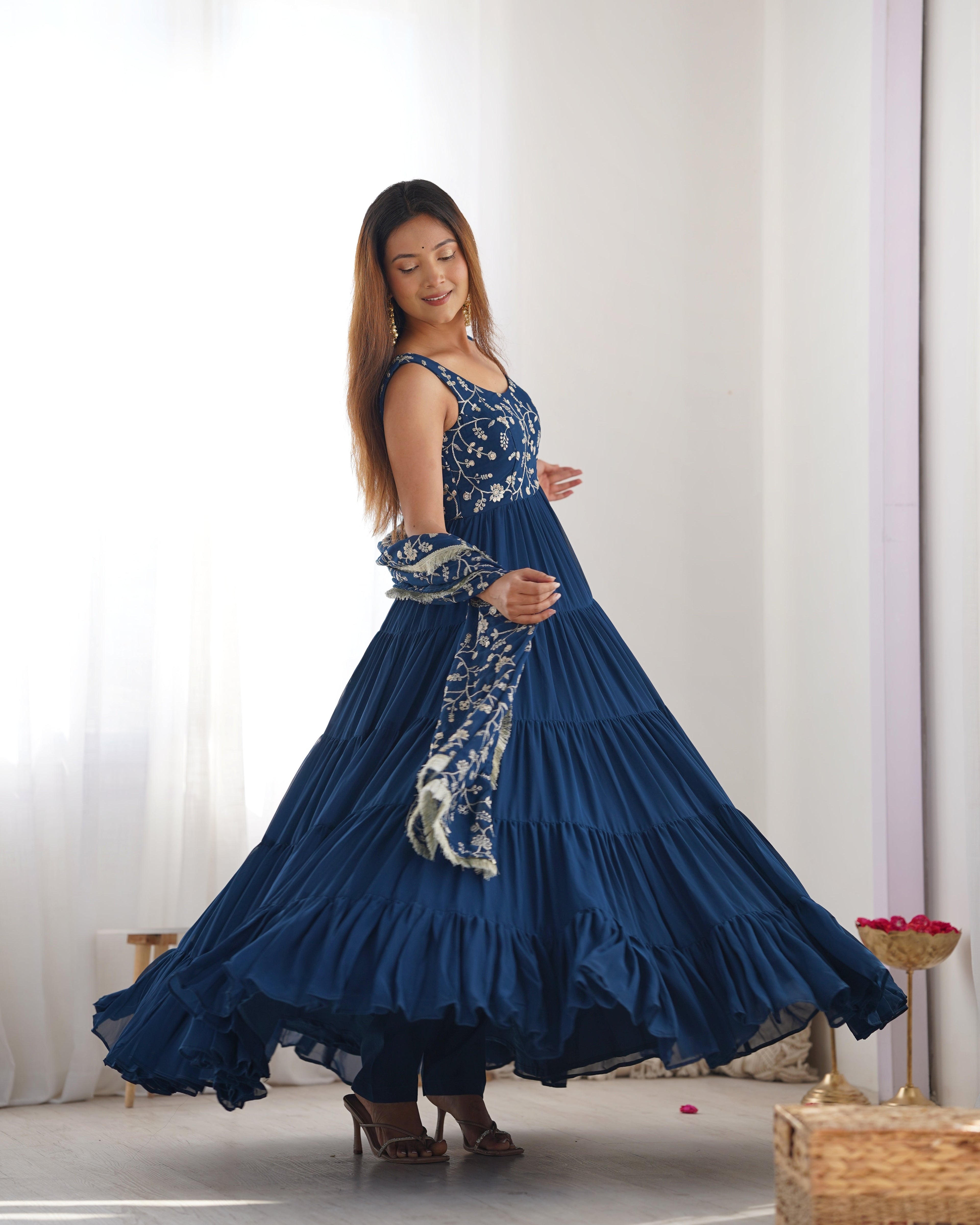Eloriya Premium Quality 5 Layers Blue Anarkali Suit Set - S [36] | Eloriya India