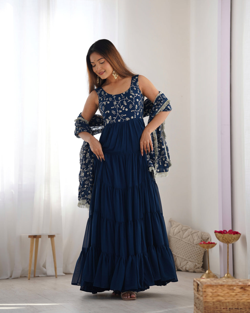 Eloriya Premium Quality 5 Layers Blue Anarkali Suit Set - 2XL [44] | Eloriya India