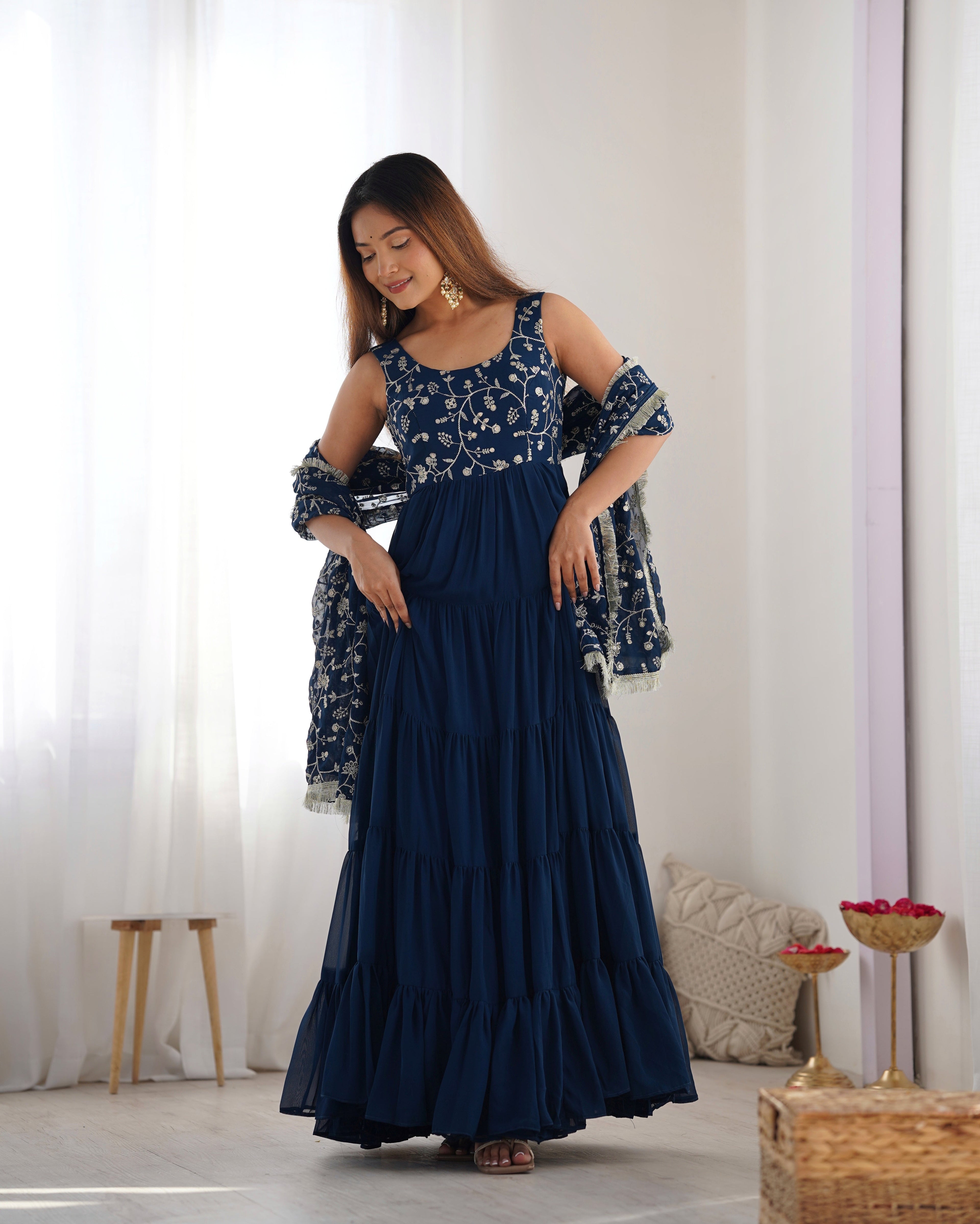 Eloriya Premium Quality 5 Layers Blue Anarkali Suit Set - 2XL [44] | Eloriya India