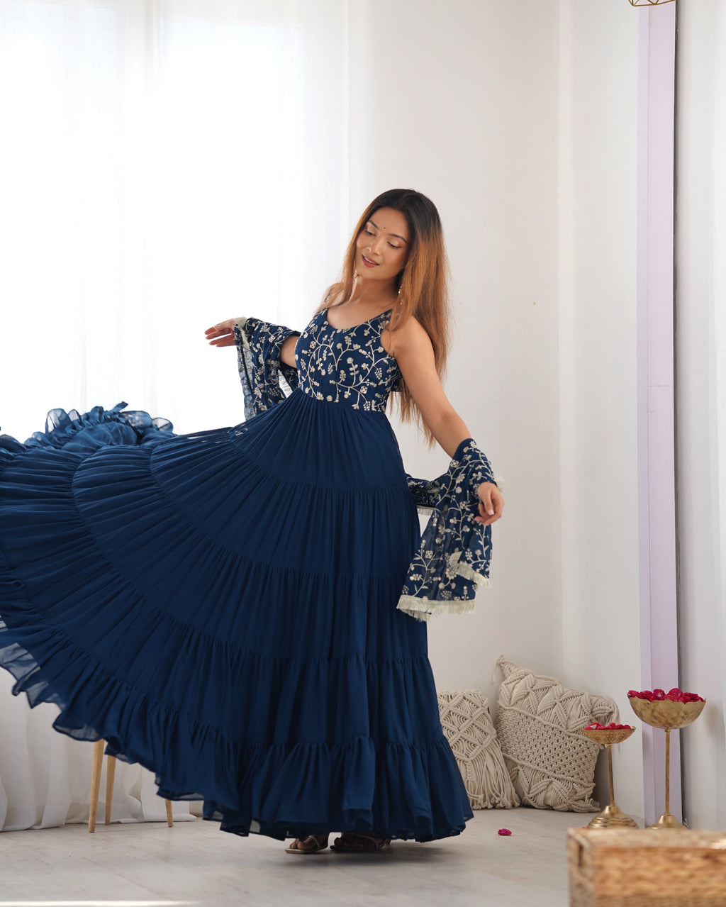 Eloriya Premium Quality 5 Layers Blue Anarkali Suit Set - M [38] | Eloriya India