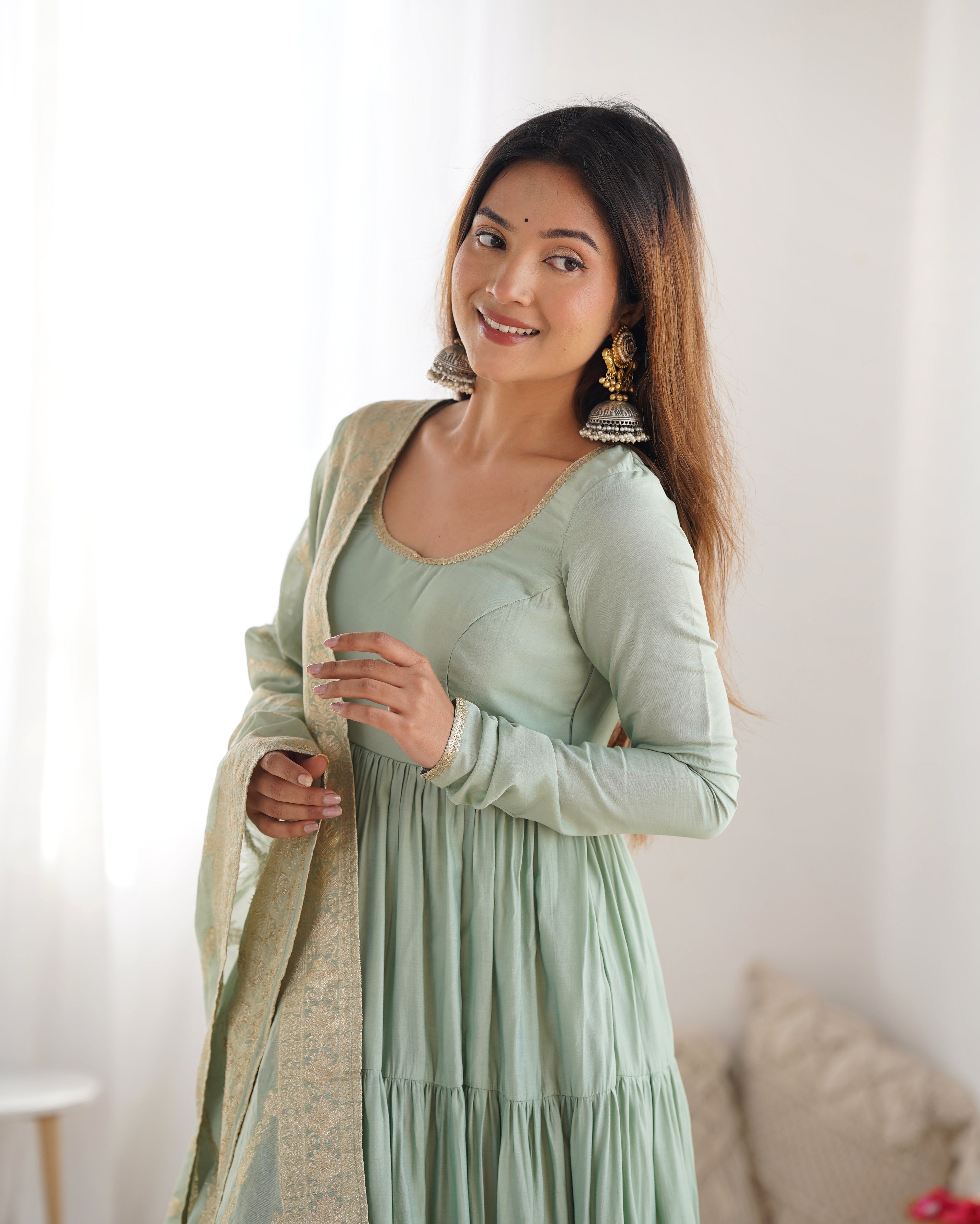 Eloriya Premium Quality Roman Silk Pista Anarkali Suit Set - 2XL [44] | Eloriya India