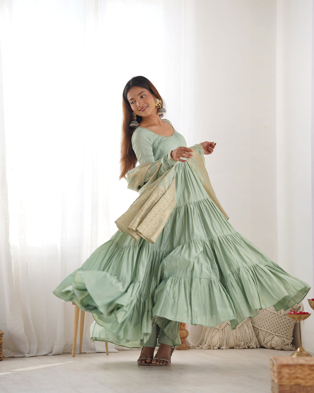 Eloriya Premium Quality Roman Silk Pista Anarkali Suit Set - M [38] | Eloriya India