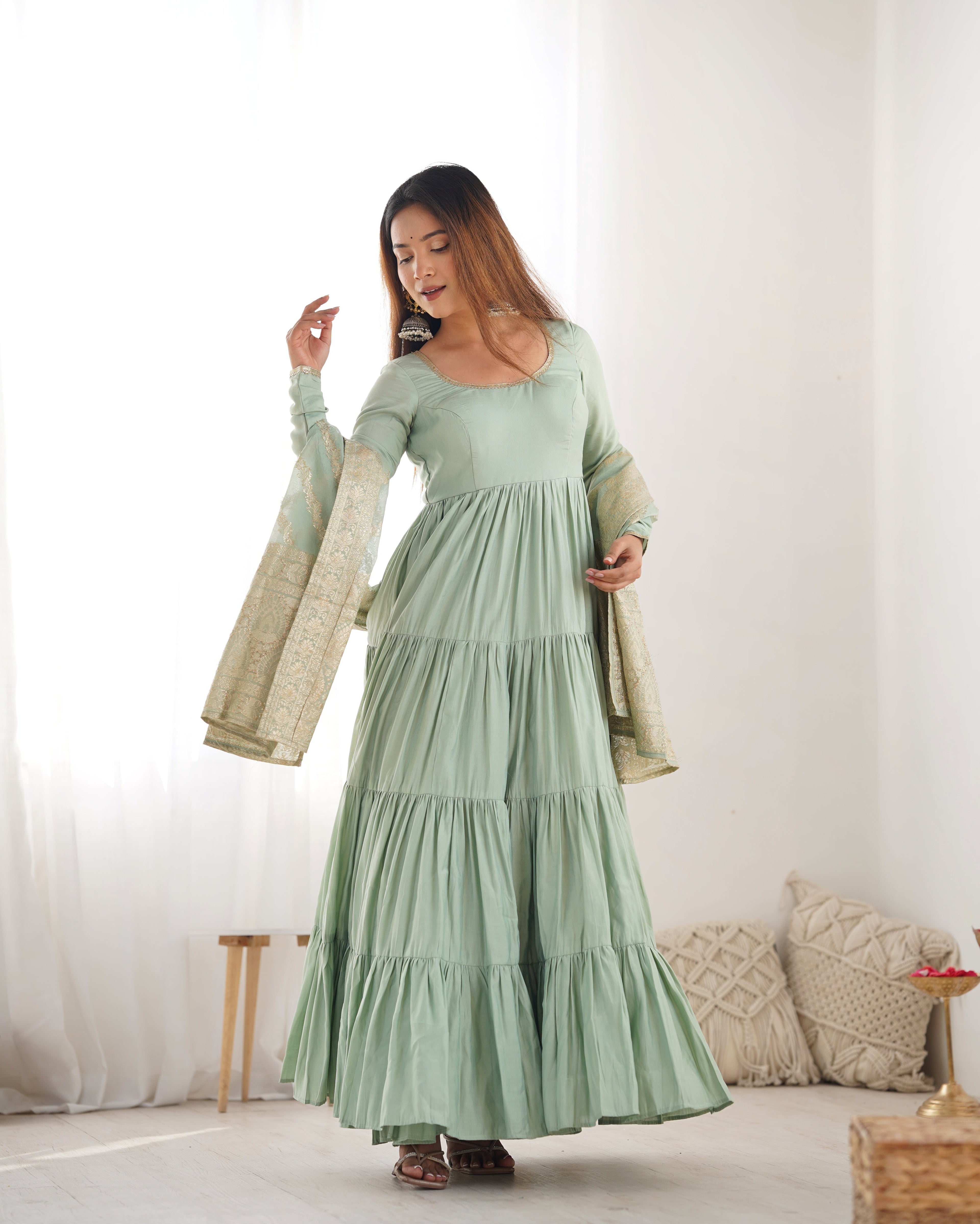 Eloriya Premium Quality Roman Silk Pista Anarkali Suit Set | Eloriya India