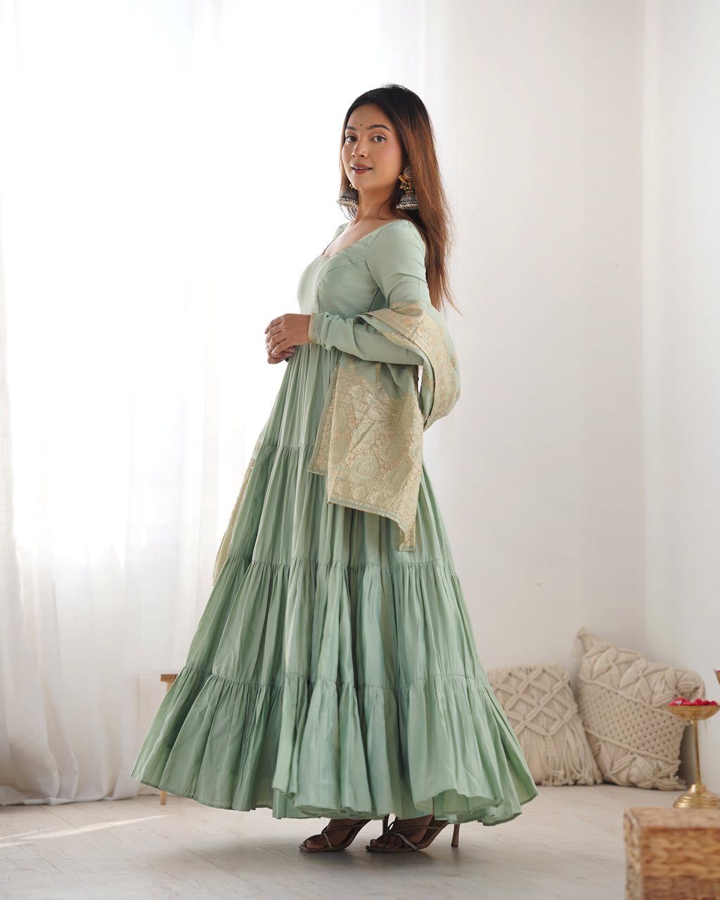 Eloriya Premium Quality Roman Silk Pista Anarkali Suit Set - XL [42] | Eloriya India
