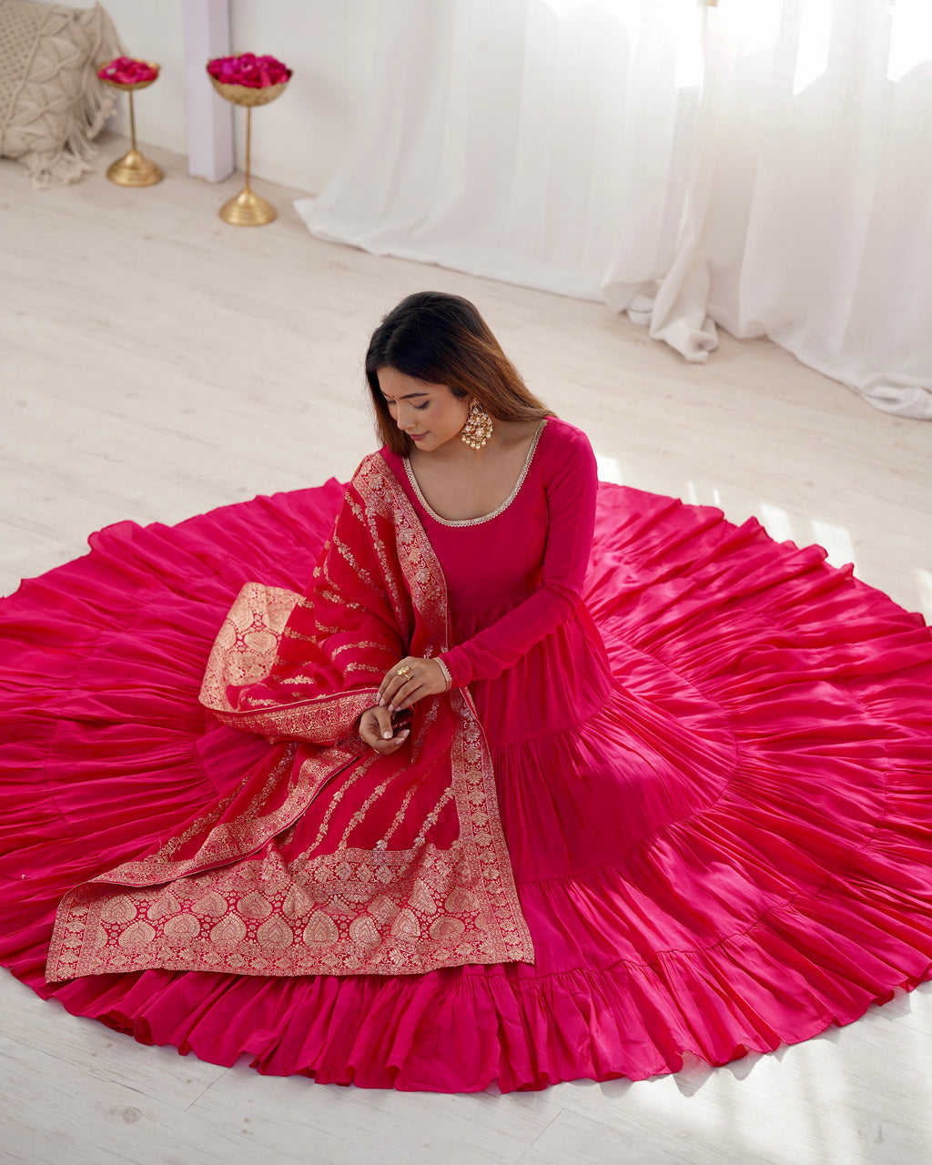 Eloriya Premium Quality Roman Silk Pink Anarkali Suit Set - M [38] | Eloriya India