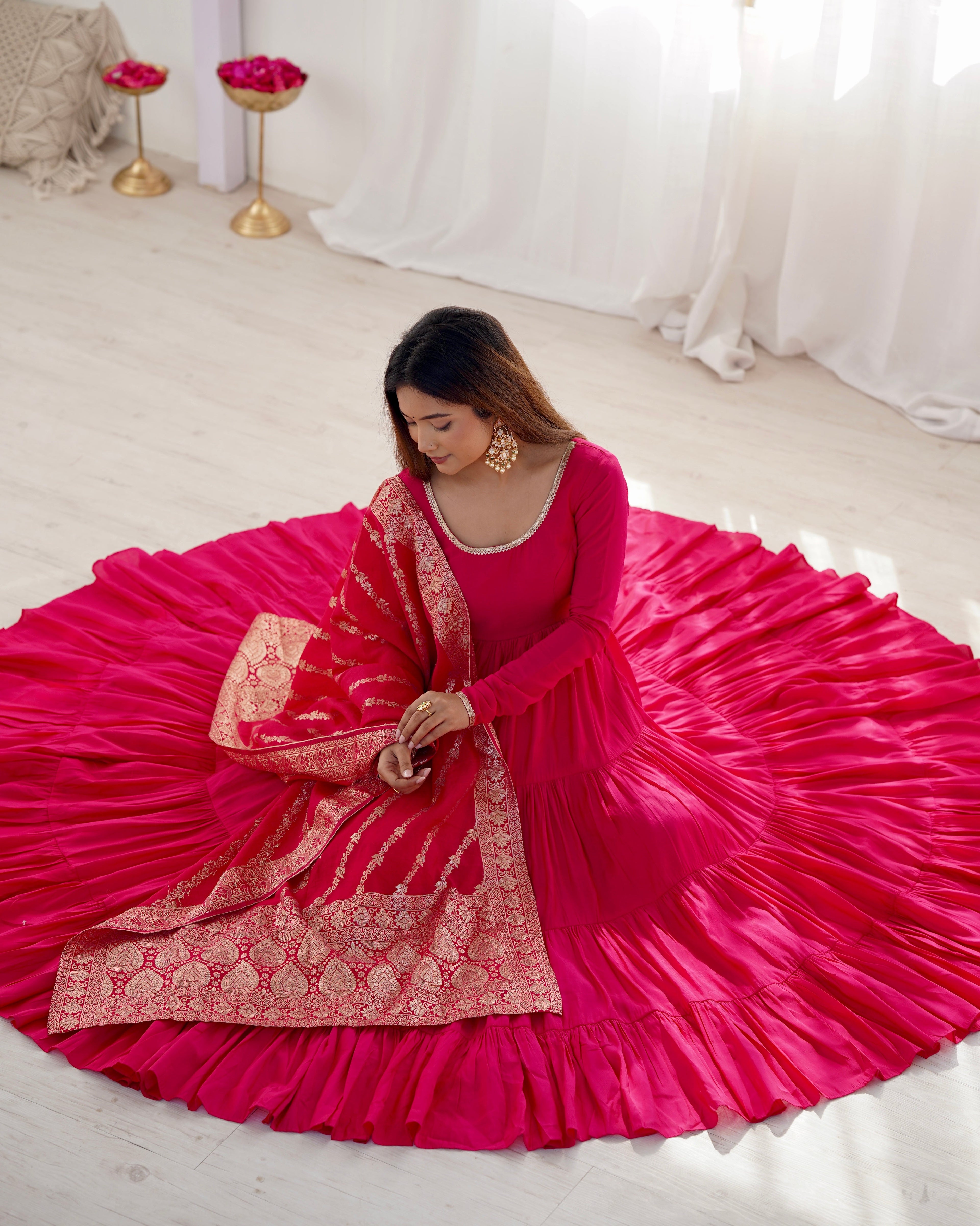 Eloriya Premium Quality Roman Silk Pink Anarkali Suit Set - M [38] | Eloriya India