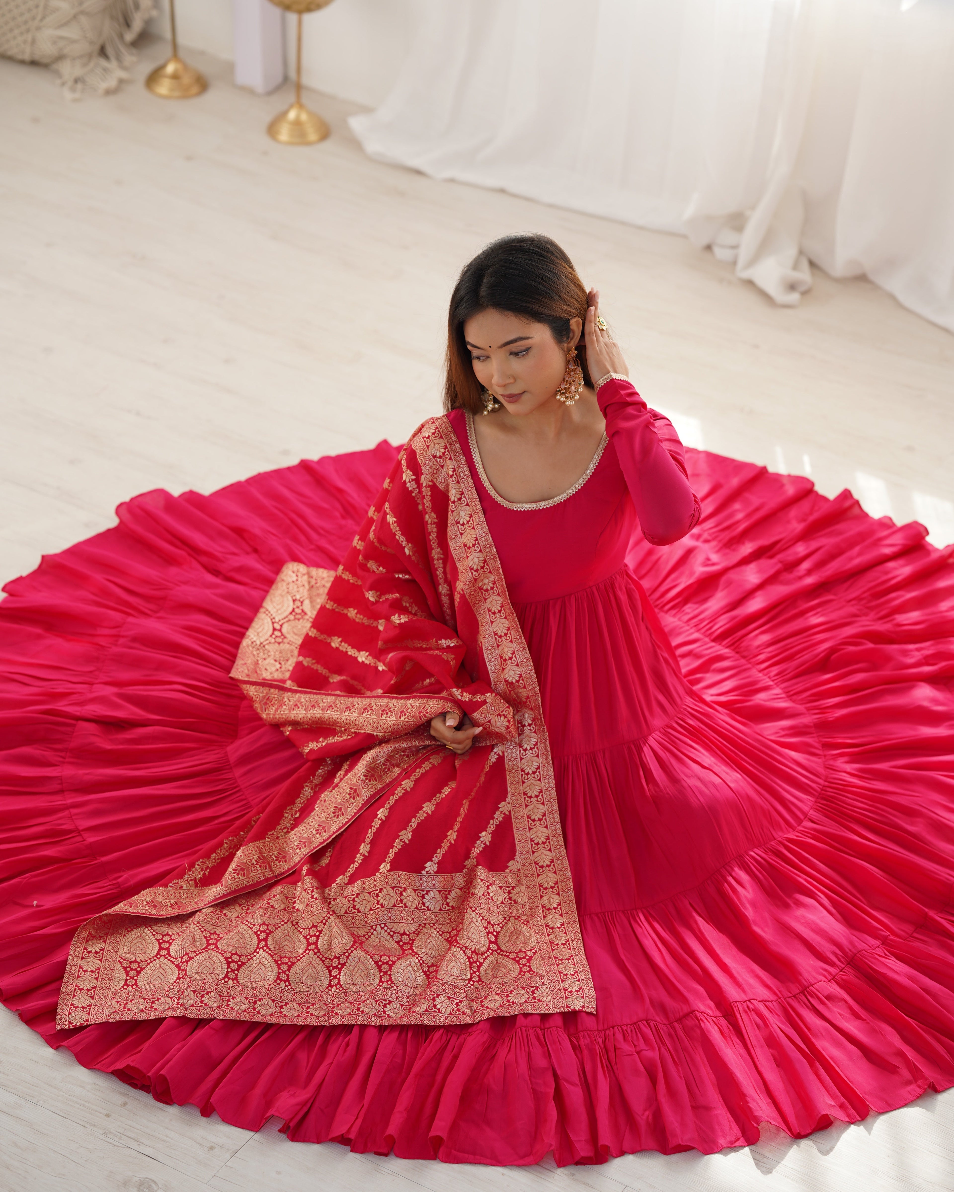 Eloriya Premium Quality Roman Silk Pink Anarkali Suit Set - XS [34] | Eloriya India