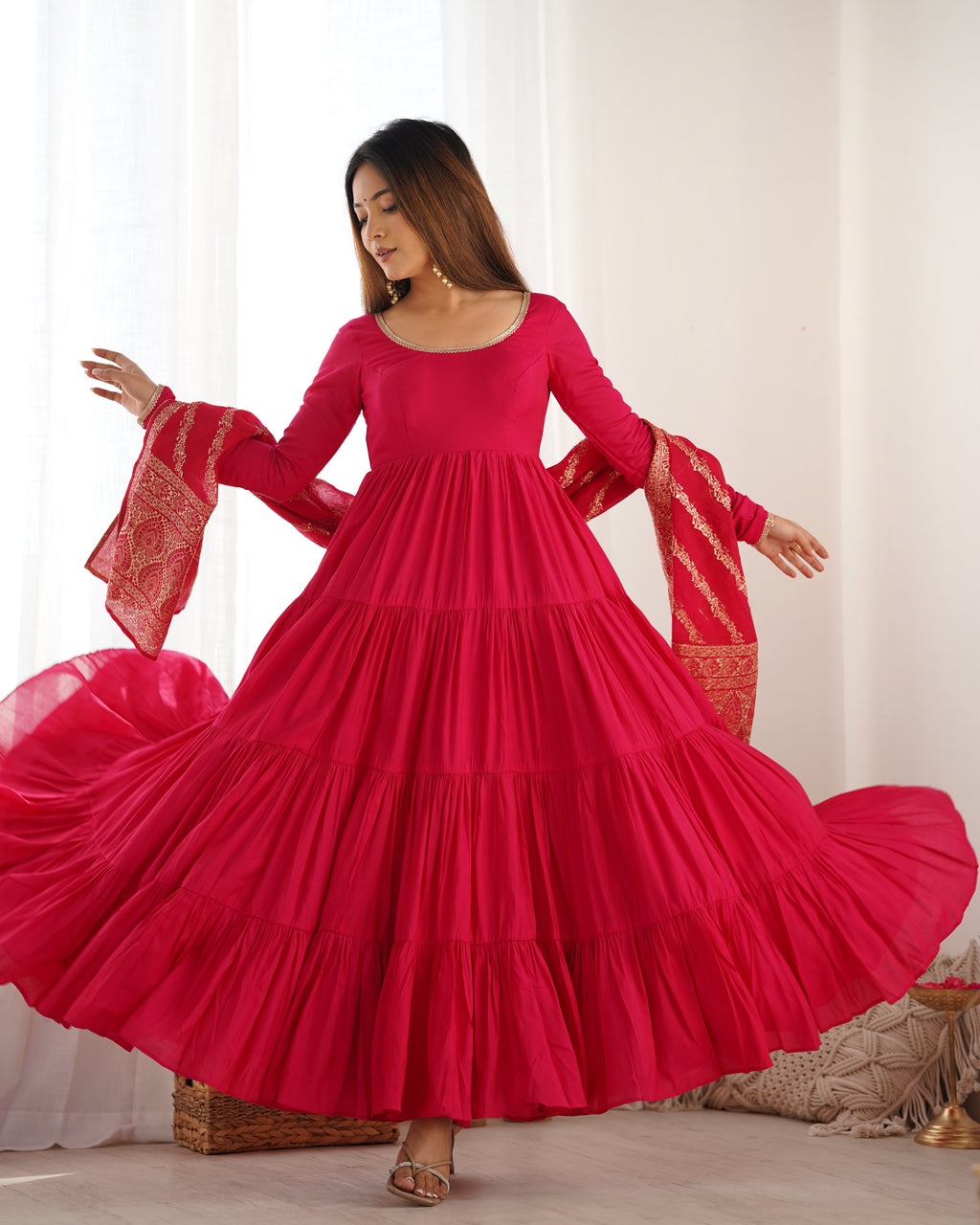 Eloriya Premium Quality Roman Silk Pink Anarkali Suit Set - XL [42] | Eloriya India