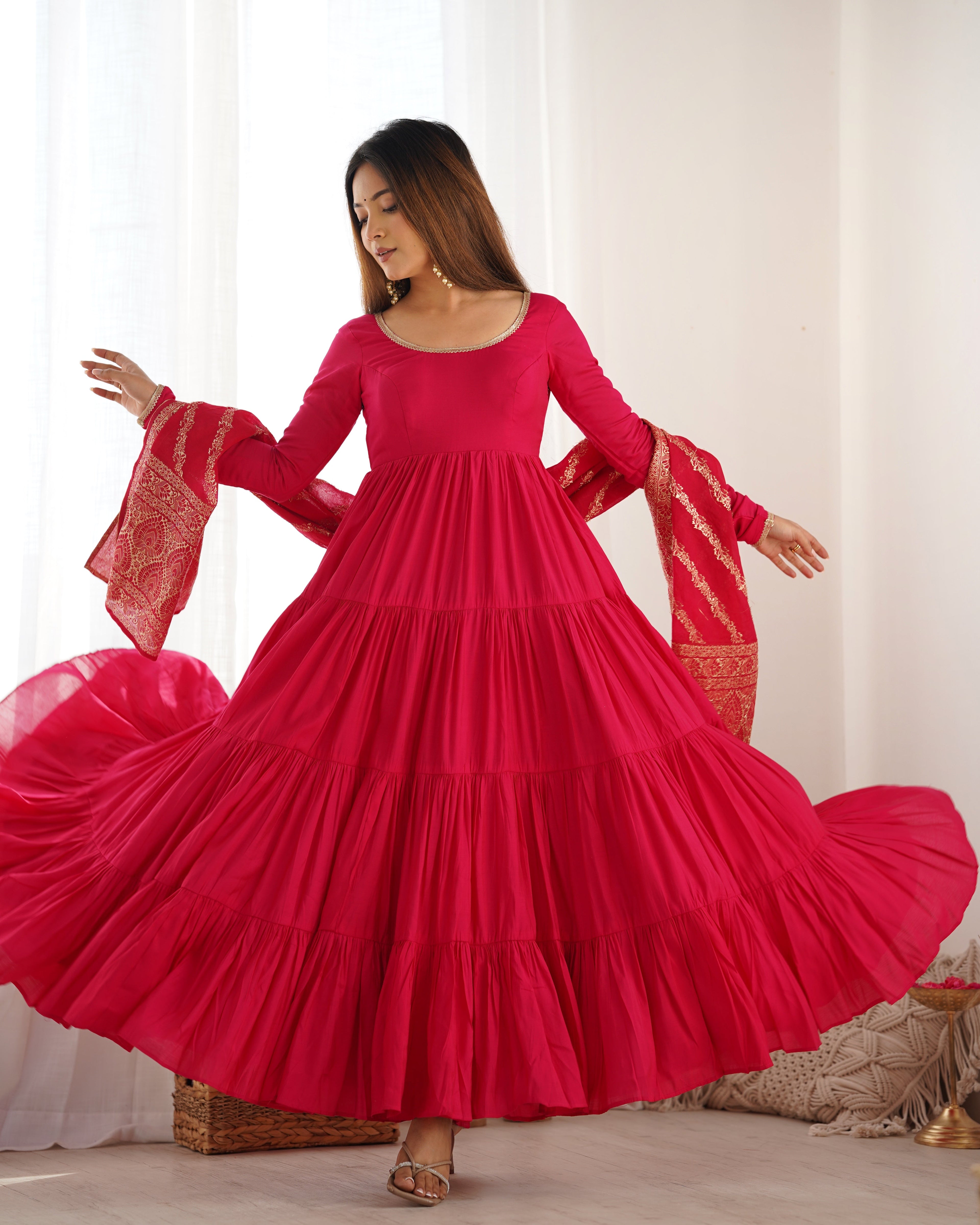 Eloriya Premium Quality Roman Silk Pink Anarkali Suit Set - XL [42] | Eloriya India