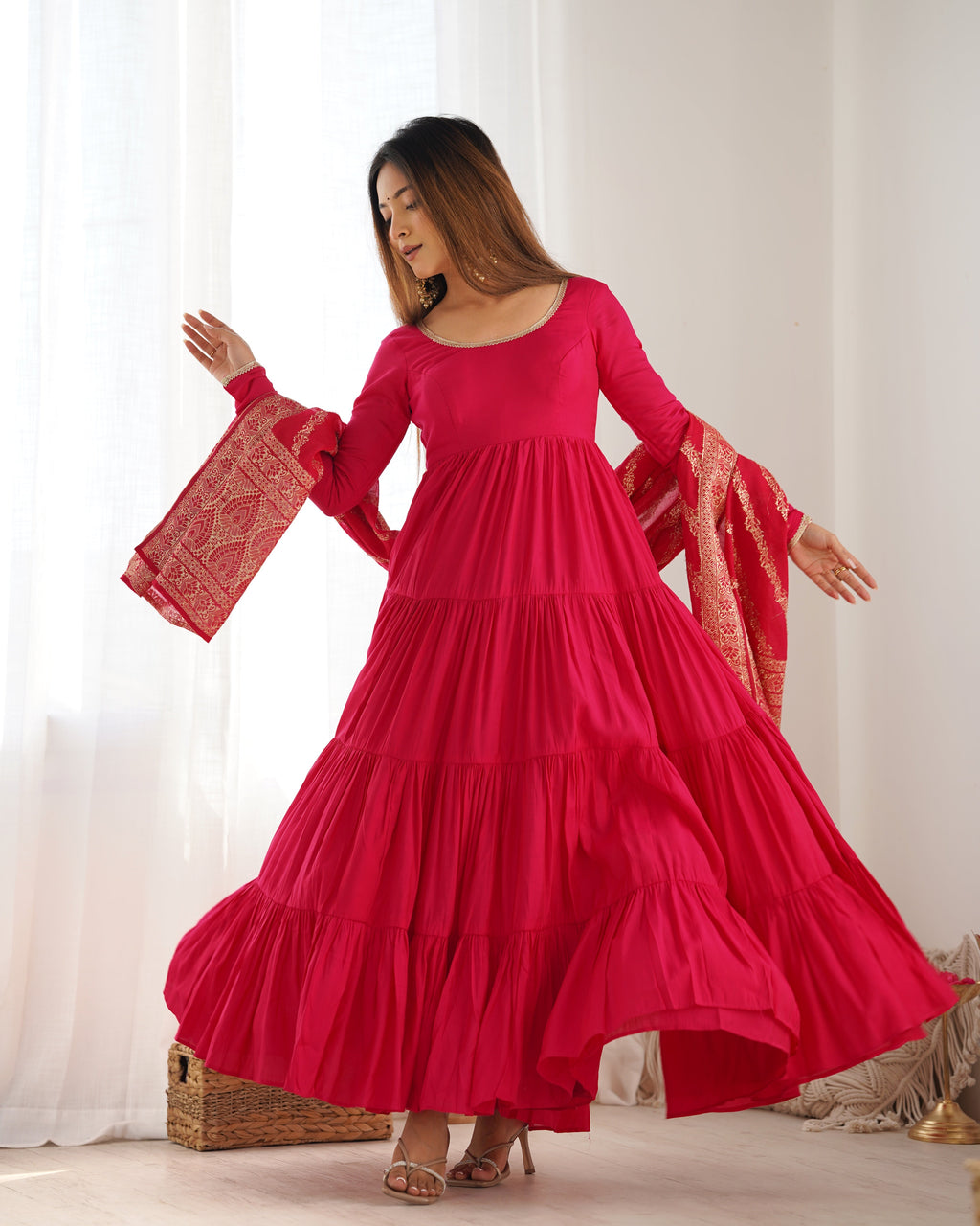 Eloriya Premium Quality Roman Silk Pink Anarkali Suit Set - 2XL [44] | Eloriya India