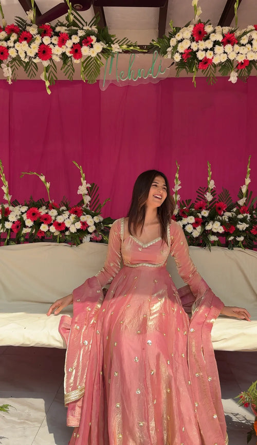 Eloriya Avisha Fendy Silk Blush Pink Anarkali Premium Suit Set - S [36] | Eloriya India