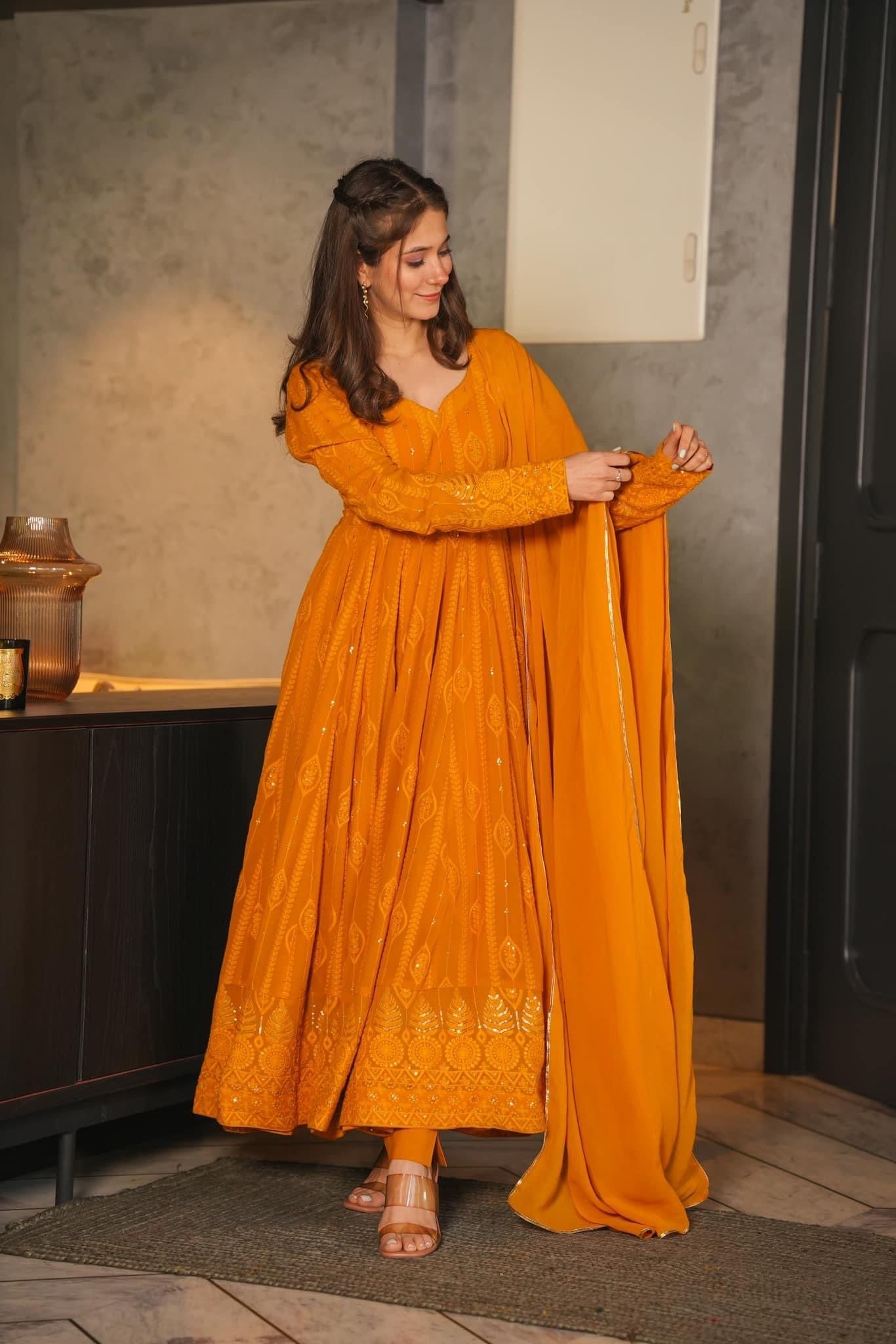 Eloriya Mustard Premium Quality Maxi Anarkali Suit Set - M [38] | Eloriya India