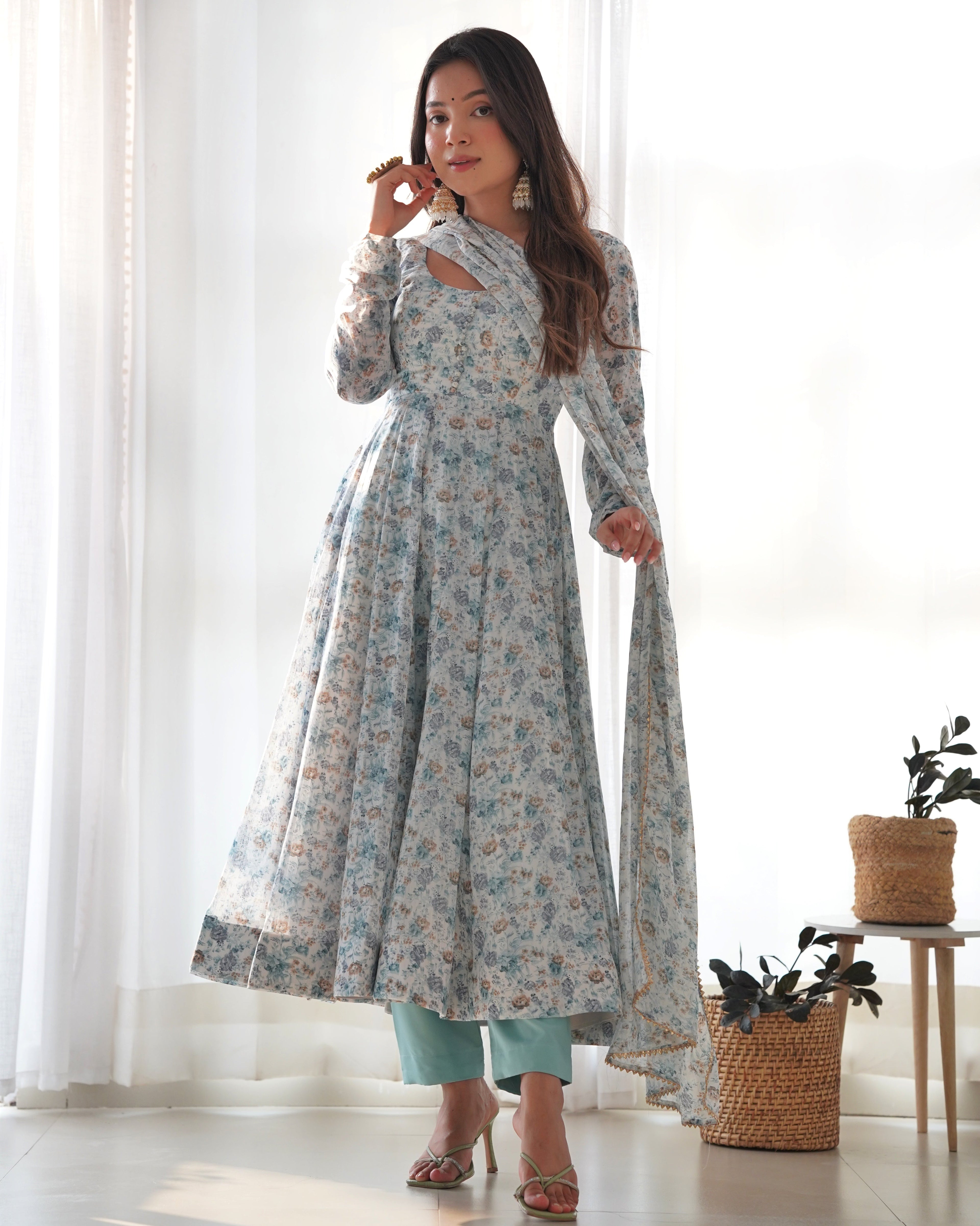 Eloriya Premium Quality Silk Gown Anarkali Suit Set - L(40) | Eloriya India