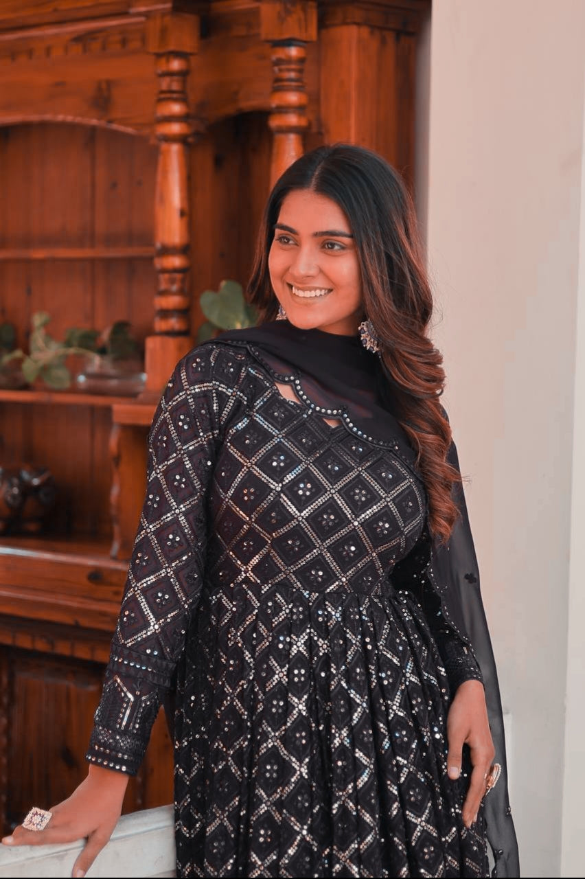 Eloriya Black Coloured Lakhnavi Worked Premium Suit - M | Eloriya India