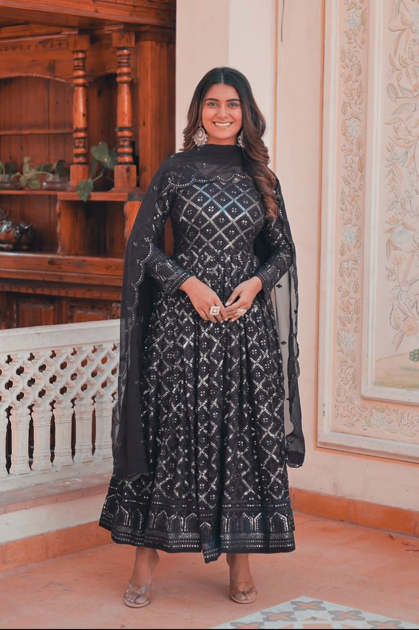 Eloriya Black Coloured Lakhnavi Worked Premium Suit - S | Eloriya India