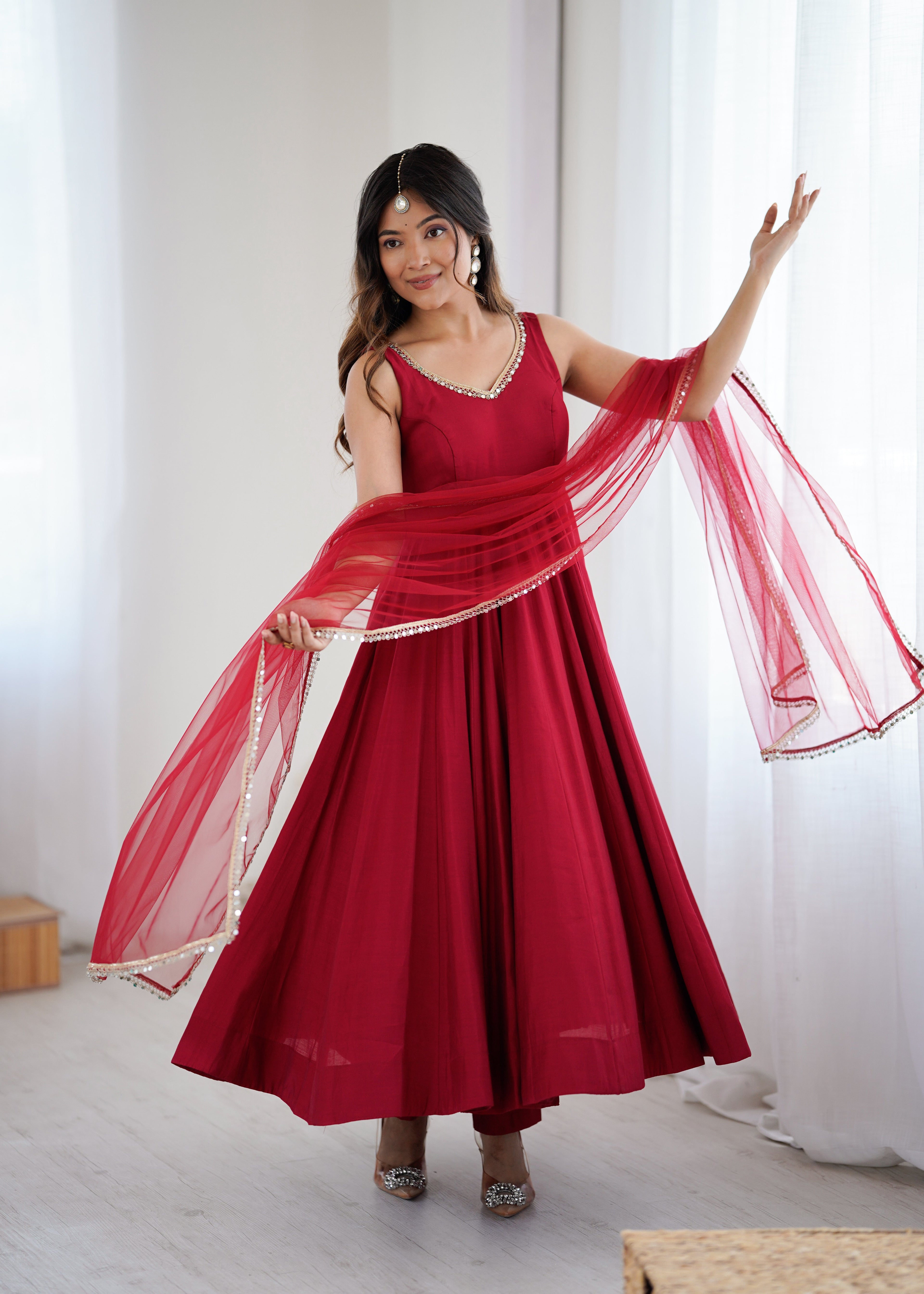 Eloriya Kishika Maroon Color Anarkali Suit Set [Sleeves Fabric Attached] - S | Eloriya India