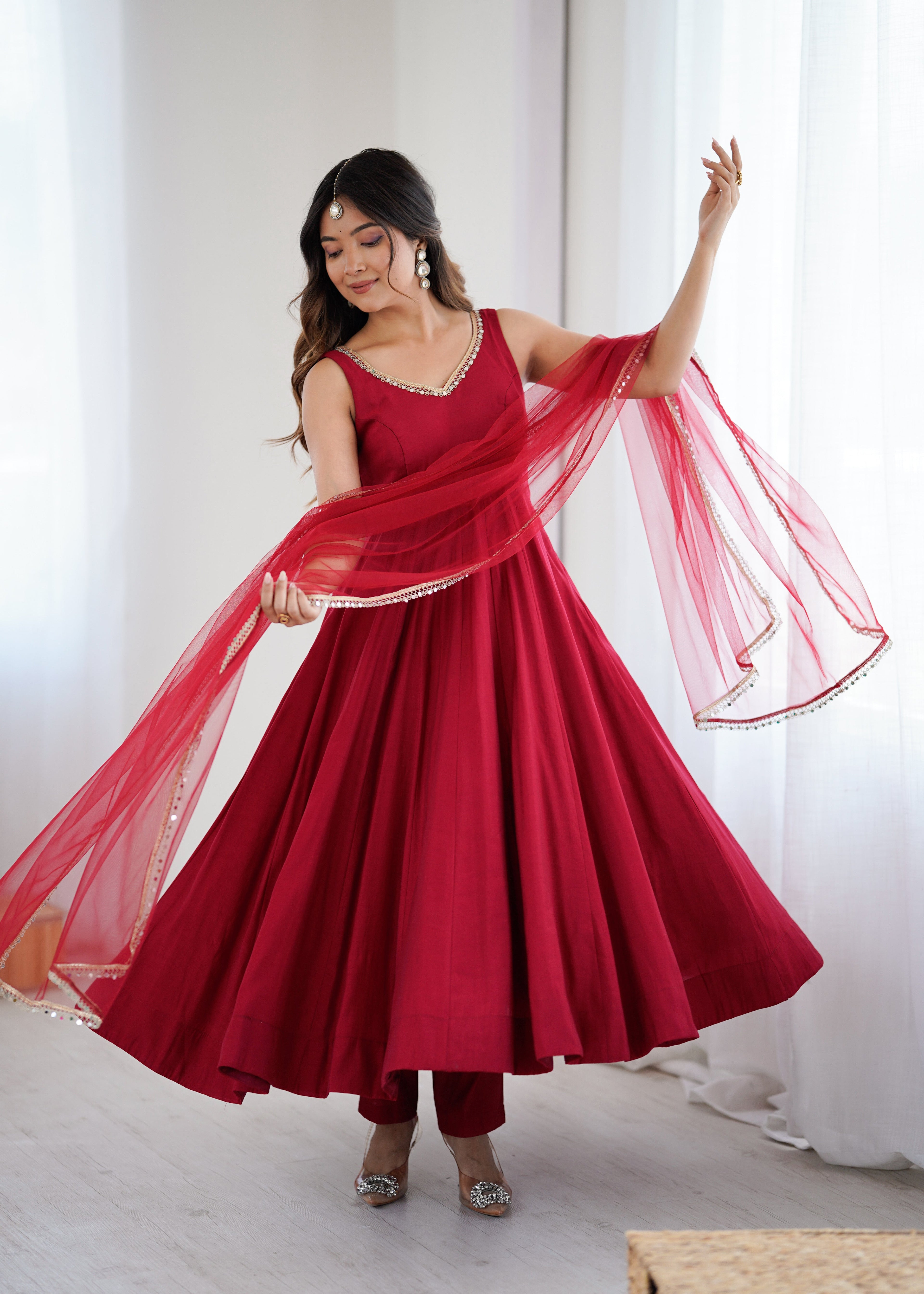 Eloriya Kishika Maroon Color Anarkali Suit Set [Sleeves Fabric Attached] - XS | Eloriya India