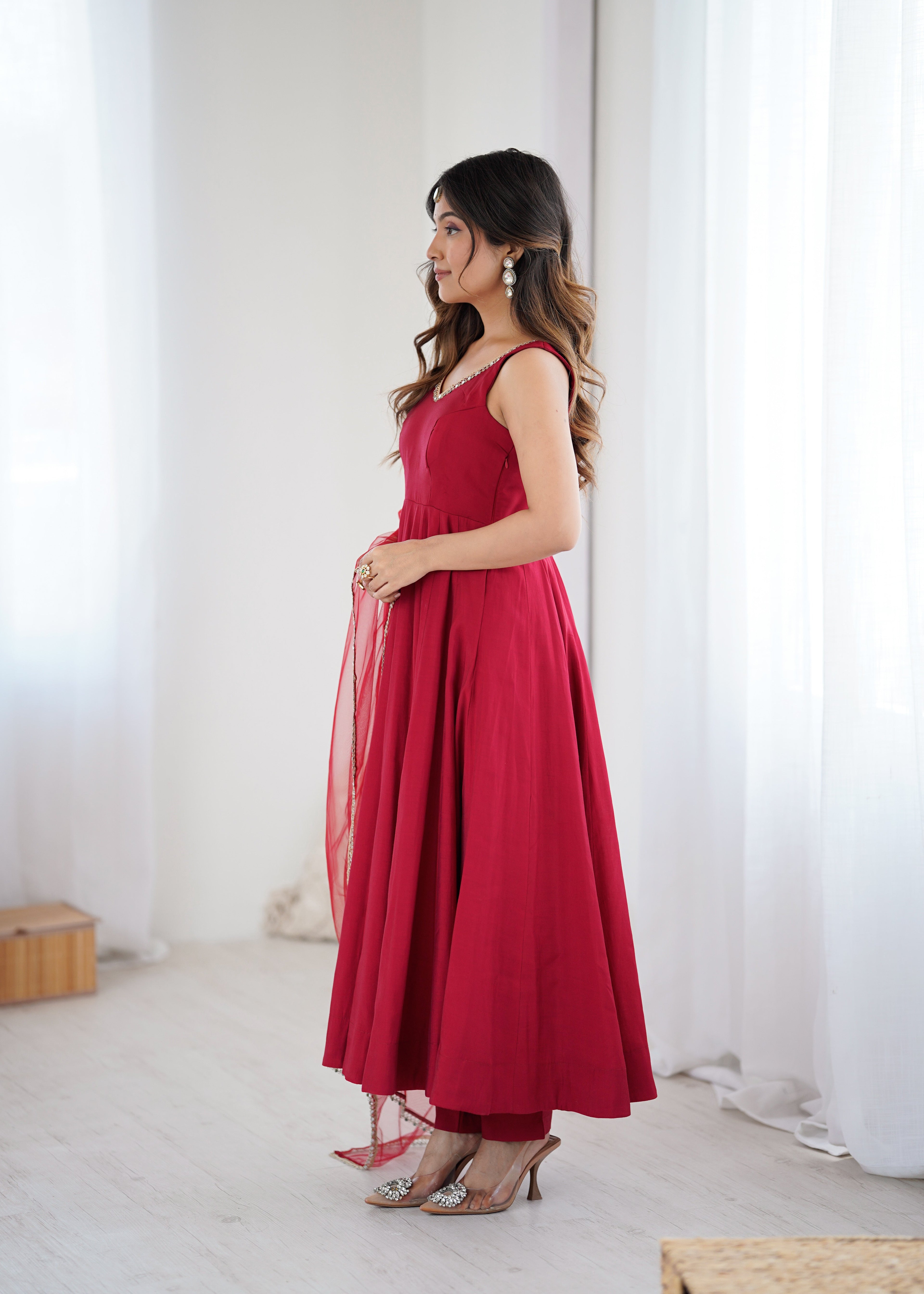 Eloriya Kishika Maroon Color Anarkali Suit Set [Sleeves Fabric Attached] - XL | Eloriya India