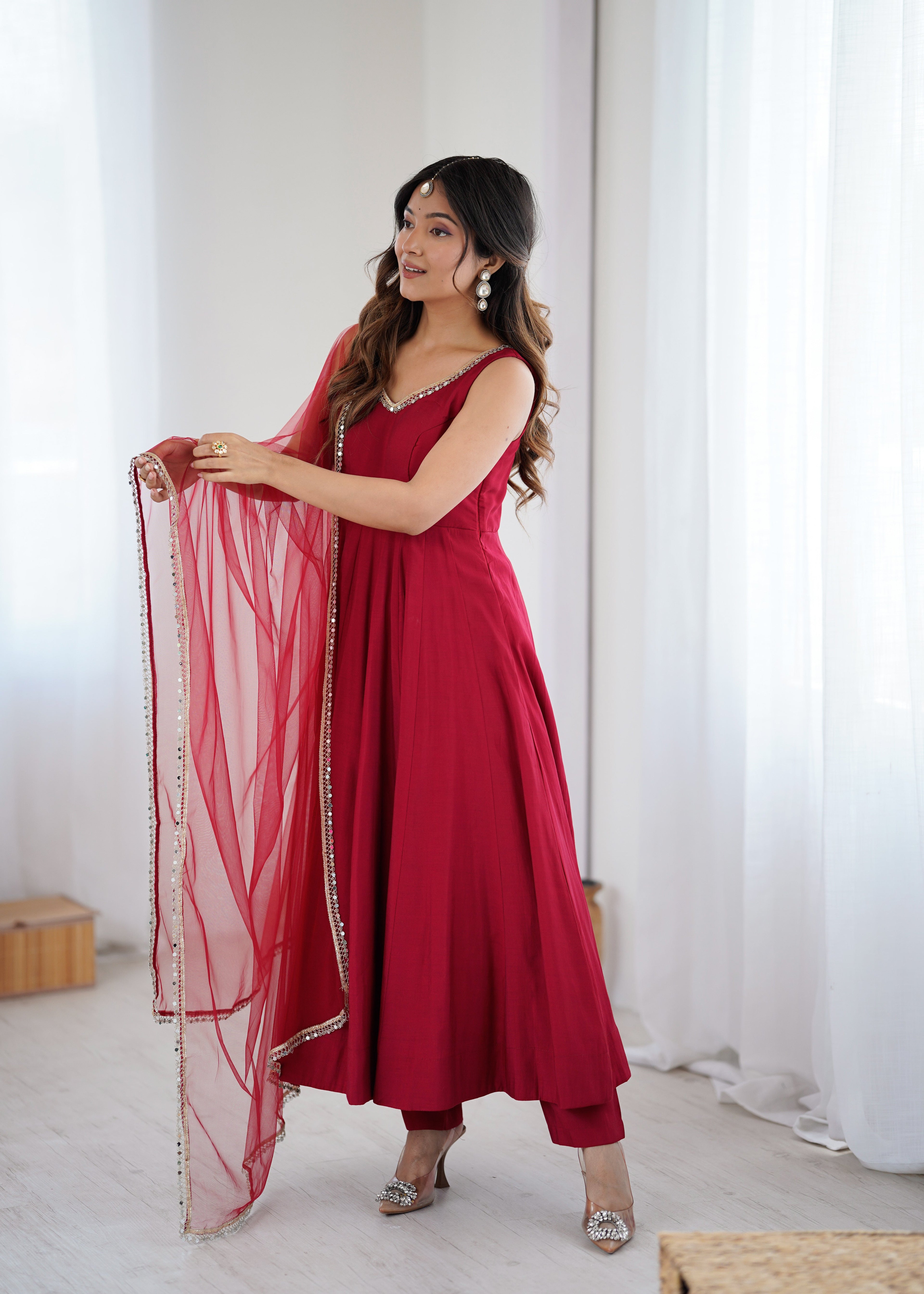 Eloriya Kishika Maroon Color Anarkali Suit Set [Sleeves Fabric Attached] - L | Eloriya India