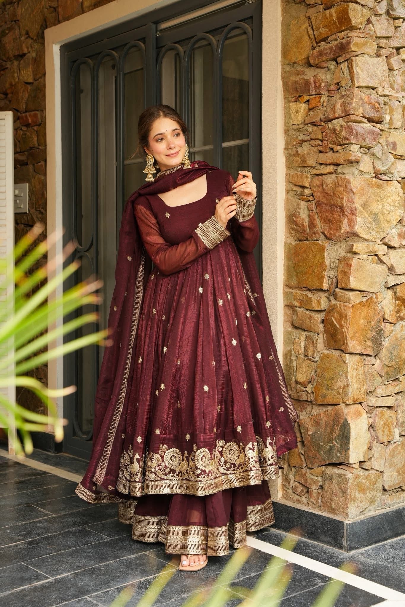 Eloriya Azira Rama And Maroon Color Premium Anarkali Suit Set [Sleeves Fabric Attached] - S [36] | Eloriya India