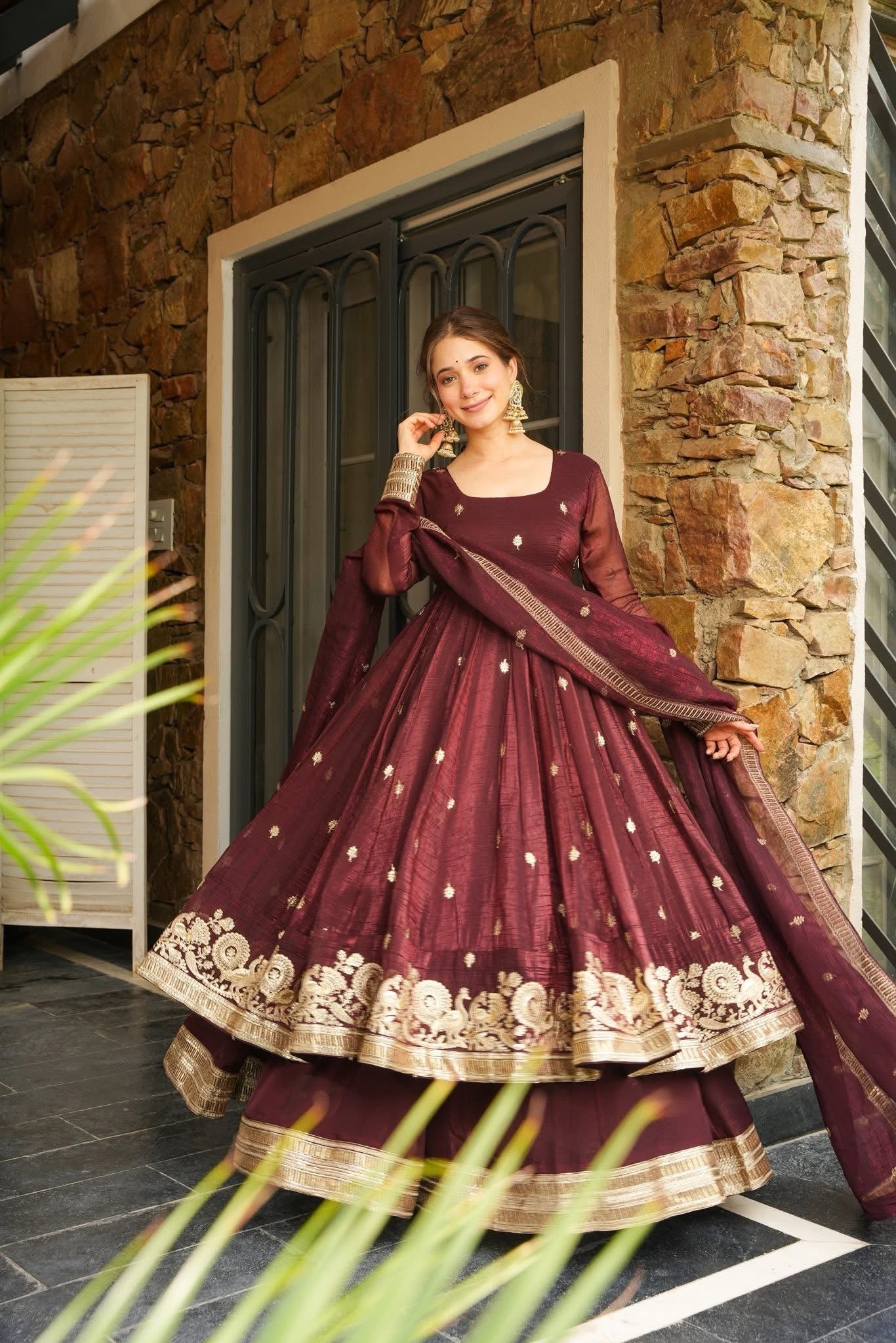 Eloriya Azira Rama And Maroon Color Premium Anarkali Suit Set [Sleeves Fabric Attached] - XS [34] | Eloriya India