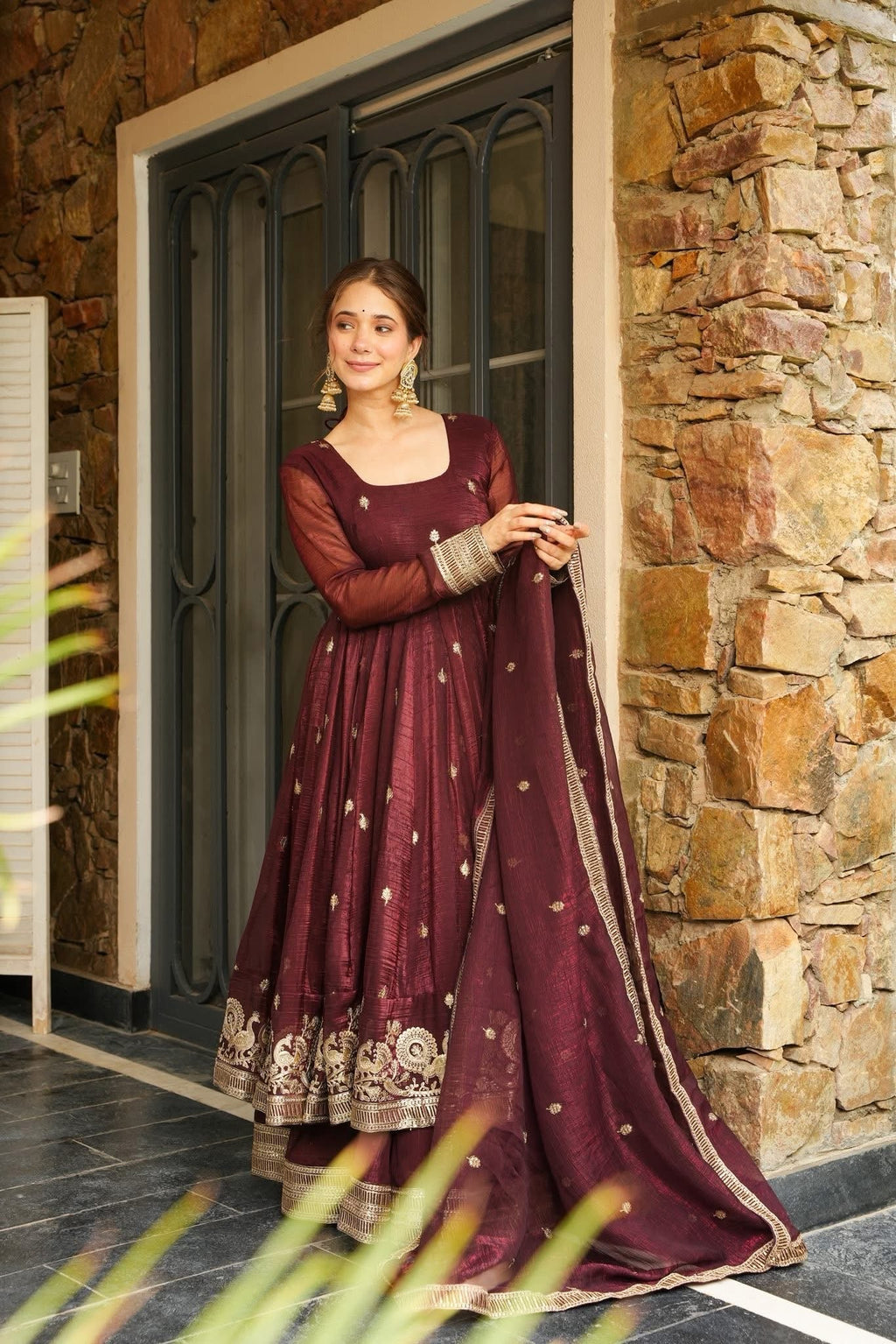 Eloriya Azira Rama And Maroon Color Premium Anarkali Suit Set [Sleeves Fabric Attached] - M [38] | Eloriya India