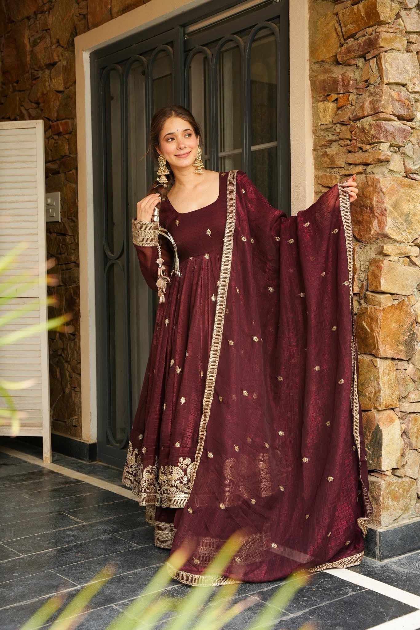 Eloriya Azira Rama And Maroon Color Premium Anarkali Suit Set [Sleeves Fabric Attached] - L [40] | Eloriya India