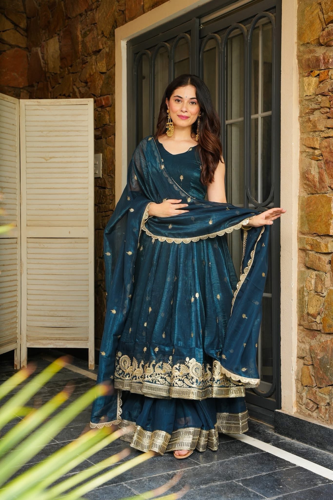 Eloriya Azira Rama And Maroon Color Premium Anarkali Suit Set [Sleeves Fabric Attached] - L [40] | Eloriya India