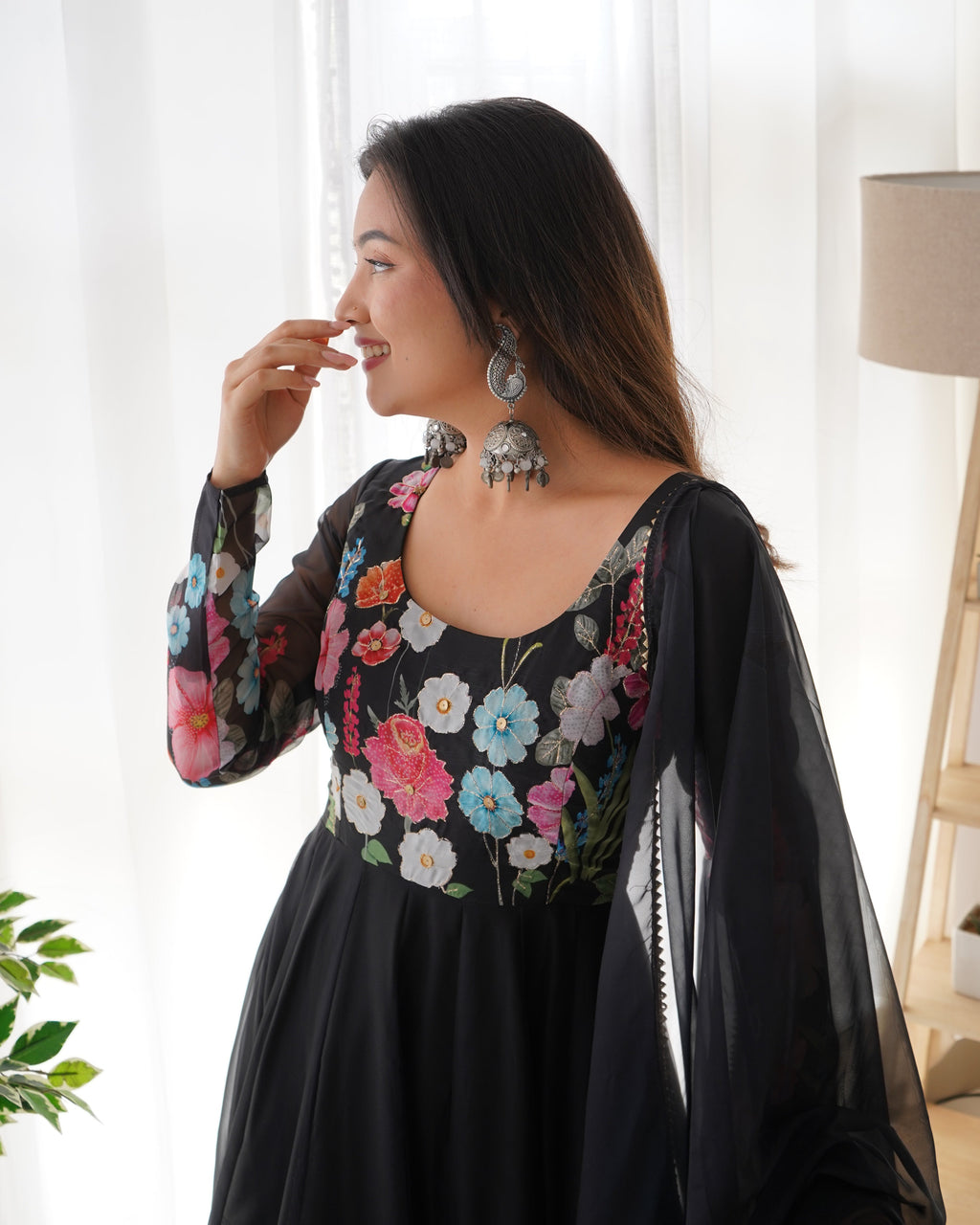 Eloriya Black Organza Flower Dupatta Set - S | Eloriya India