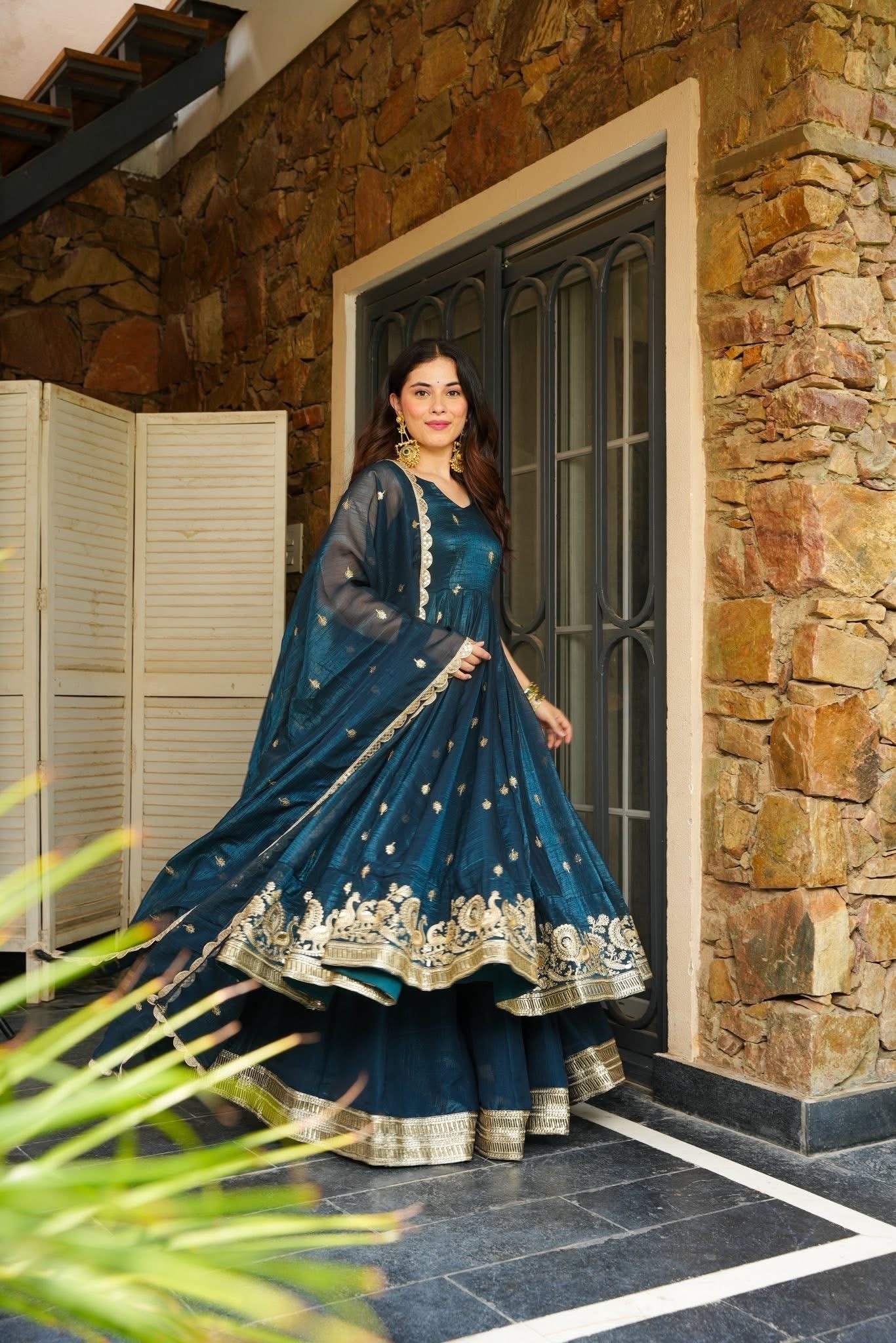 Eloriya Azira Rama And Maroon Color Premium Anarkali Suit Set [Sleeves Fabric Attached] - M [38] | Eloriya India