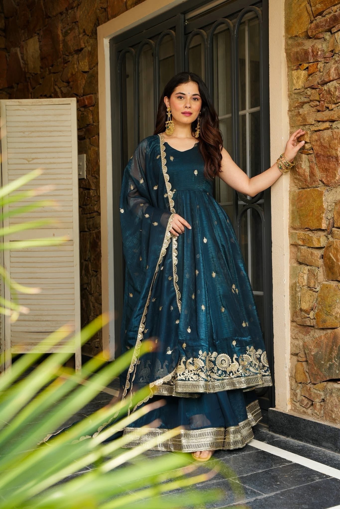 Eloriya Azira Rama And Maroon Color Premium Anarkali Suit Set [Sleeves Fabric Attached] - 2XL [44] | Eloriya India