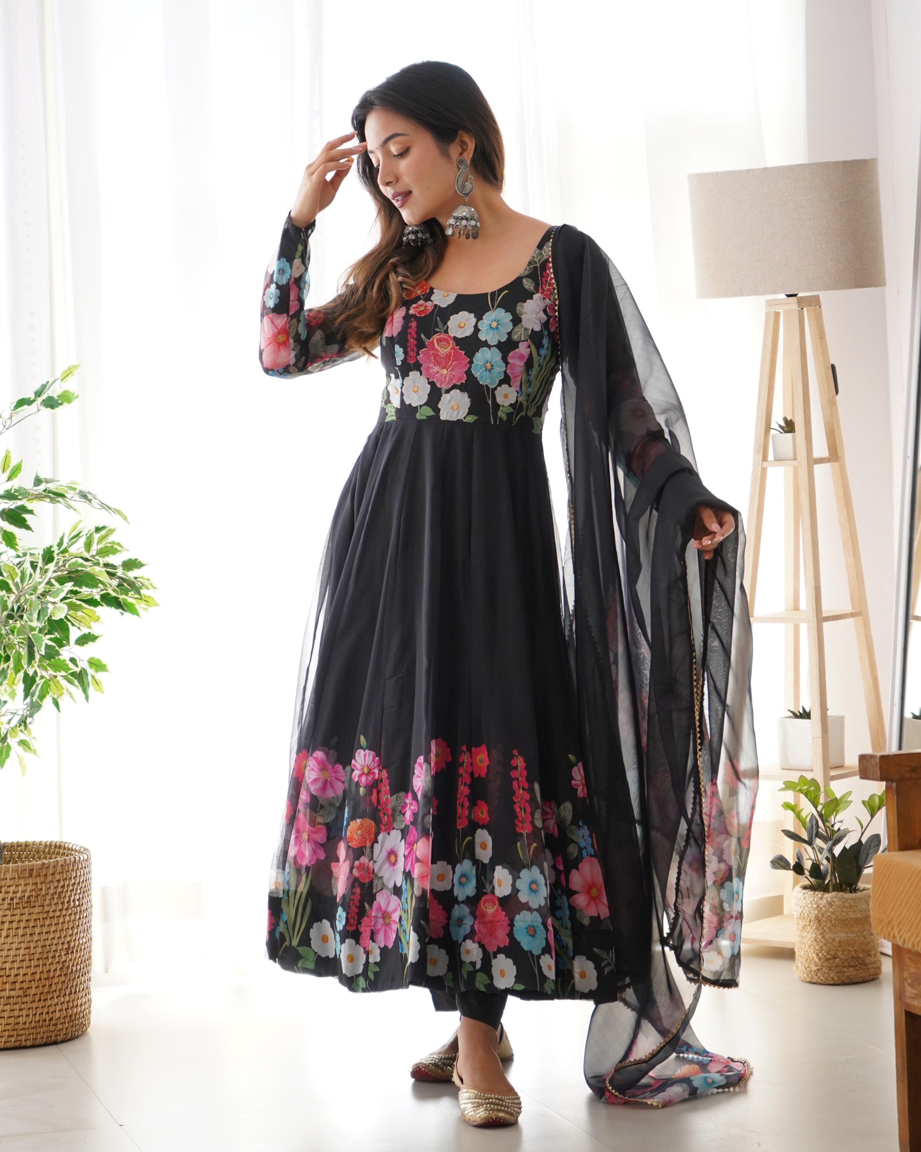 Eloriya Black Organza Flower Dupatta Set - XXL | Eloriya India
