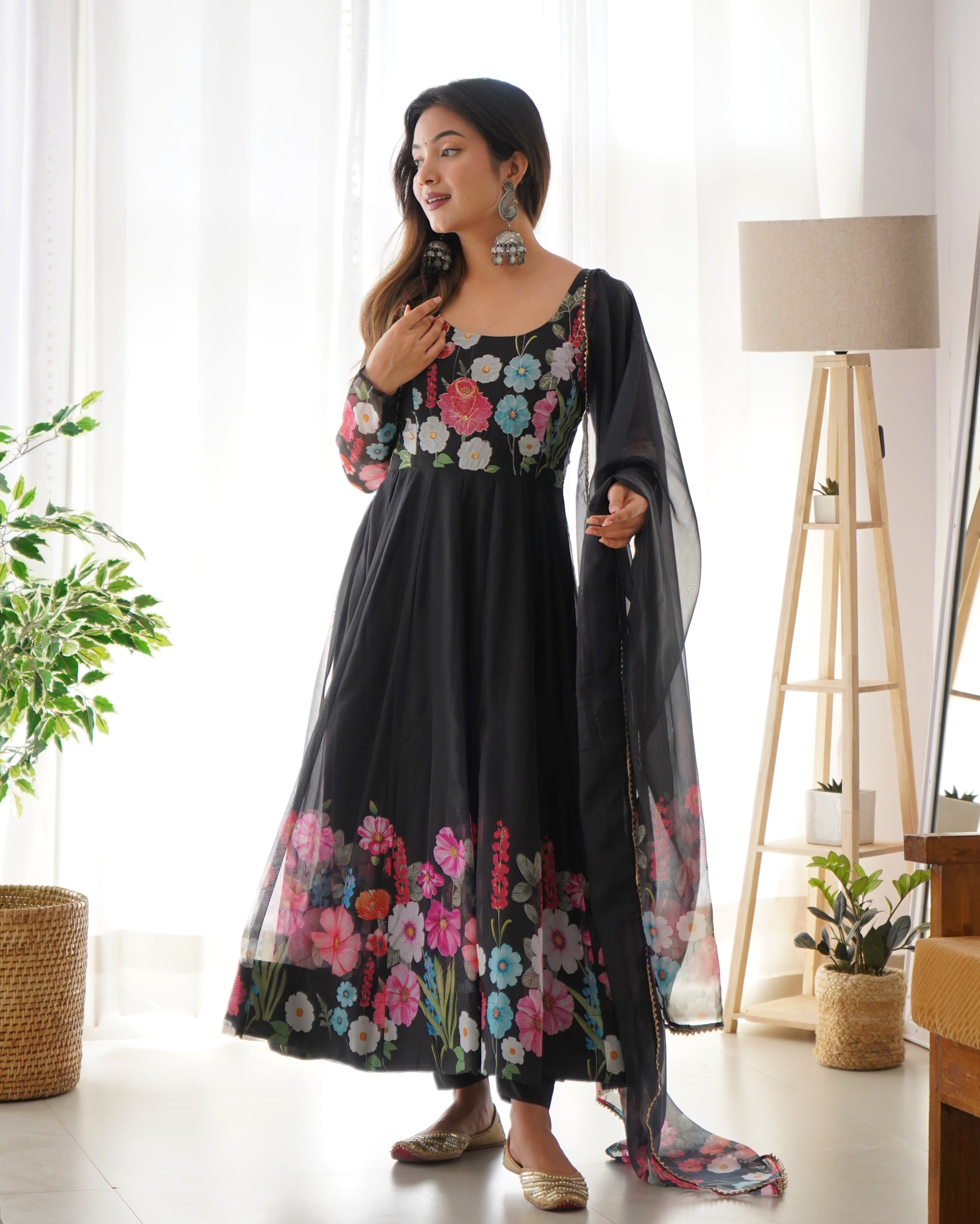 Eloriya Black Organza Flower Dupatta Set | Eloriya India