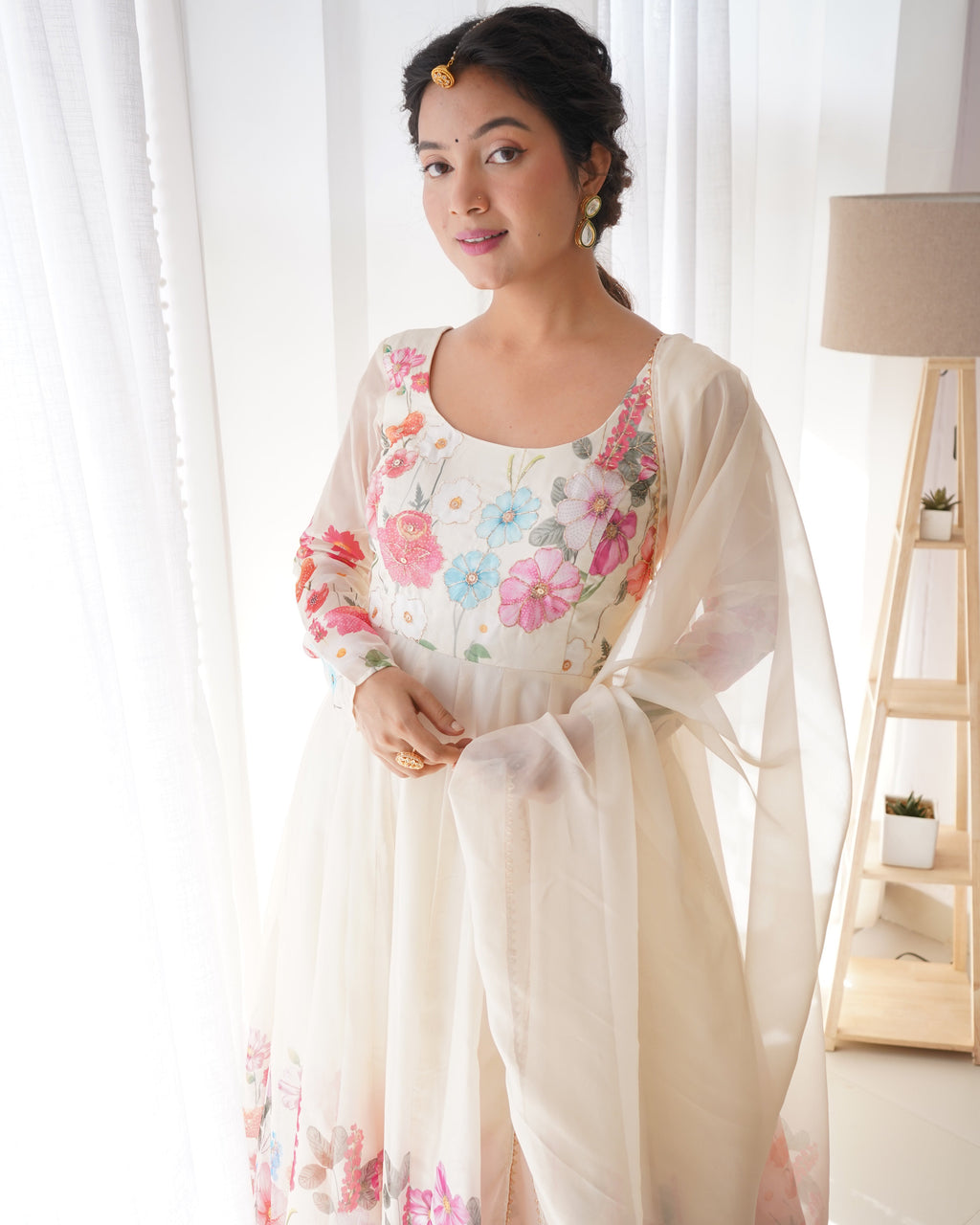 Eloriya Ivory Soft Orghanza Flower Suit - S | Eloriya India