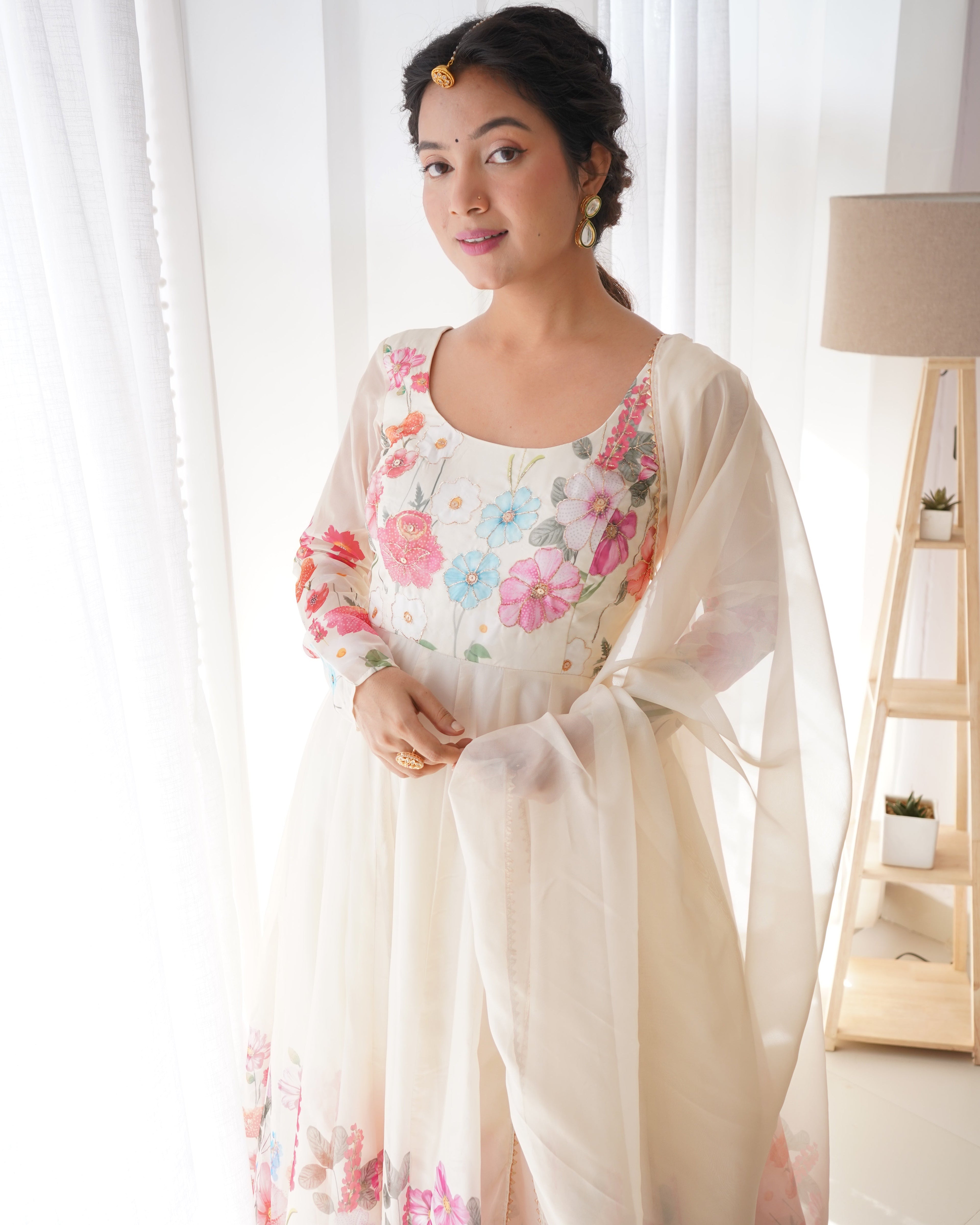 Eloriya Ivory Soft Orghanza Flower Suit - S | Eloriya India