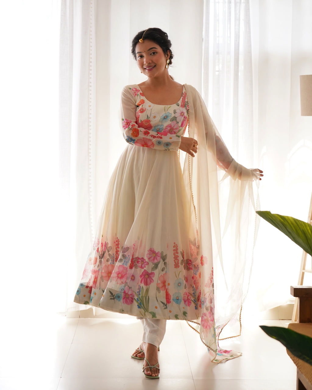 Eloriya Ivory Soft Orghanza Flower Suit - XL | Eloriya India